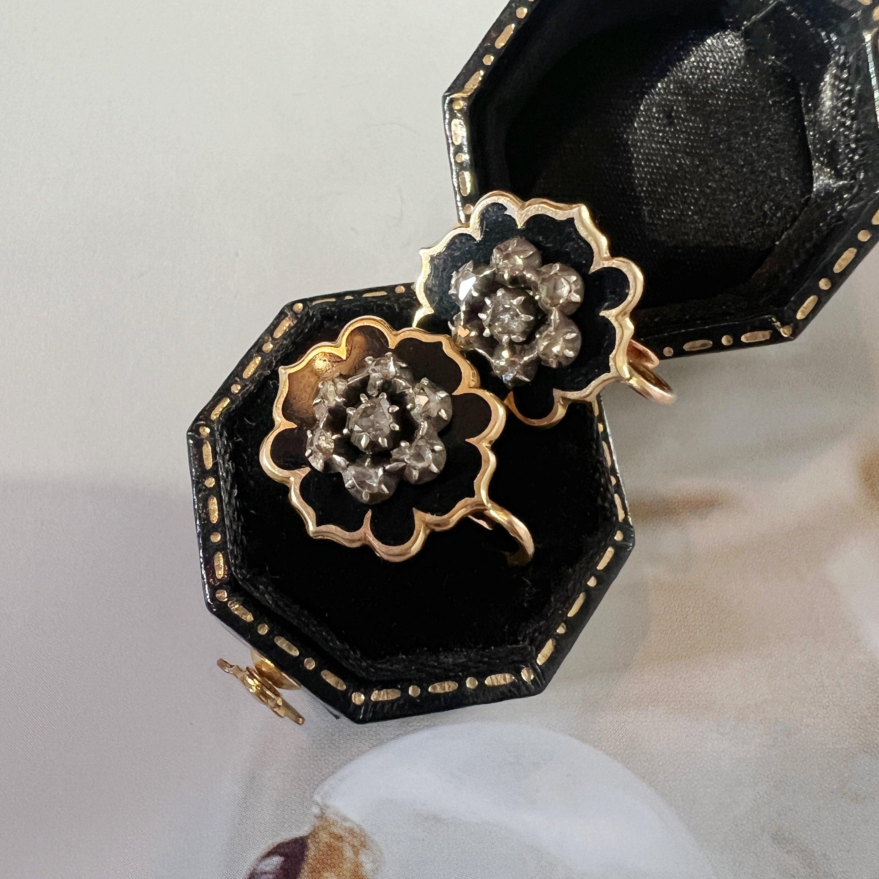 Victorian era 18k gold black enamel diamond earrings - Curiously timeless