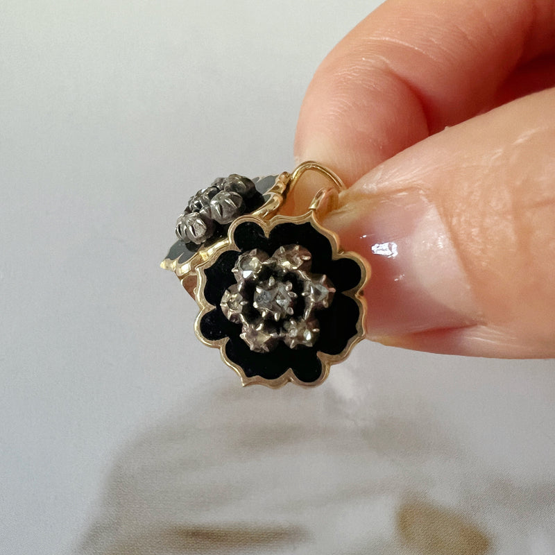 Victorian era 18k gold black enamel diamond earrings