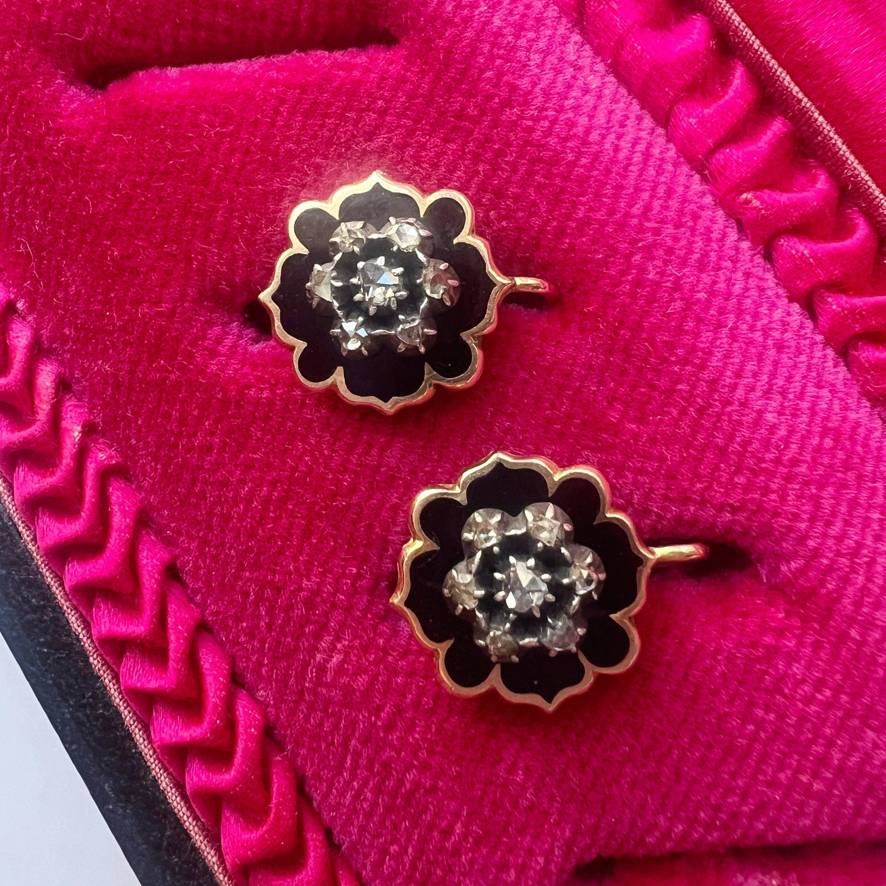 Victorian era 18k gold black enamel diamond earrings - Curiously timeless