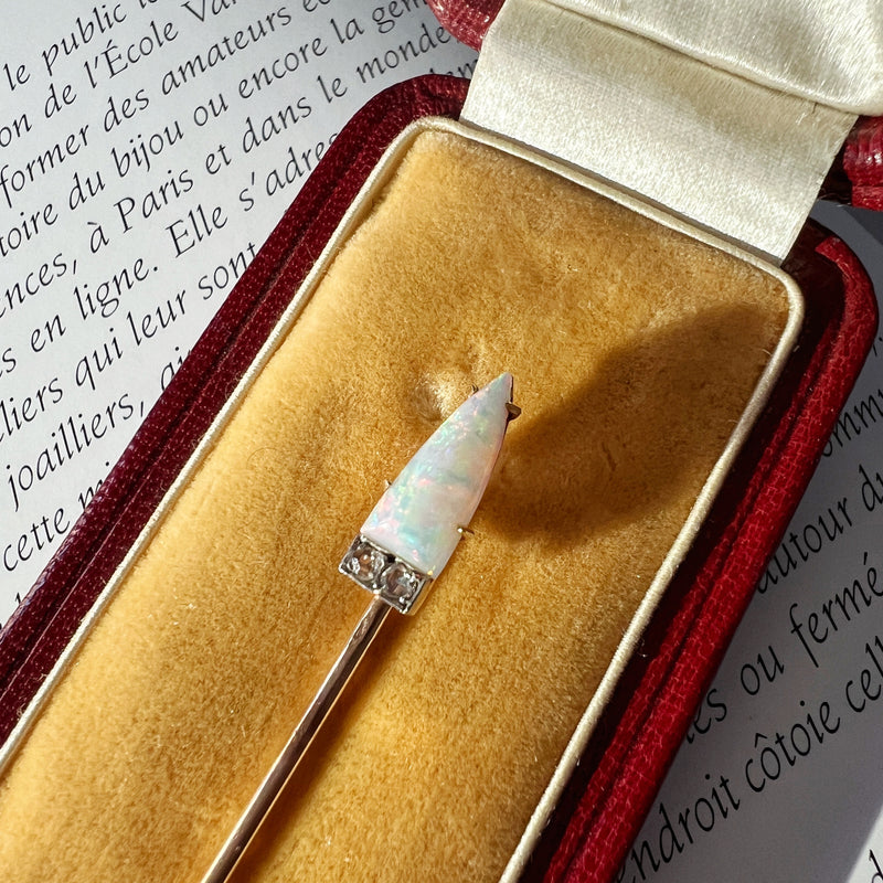 Antique Fontana boxed 18K gold opal diamond pin brooch