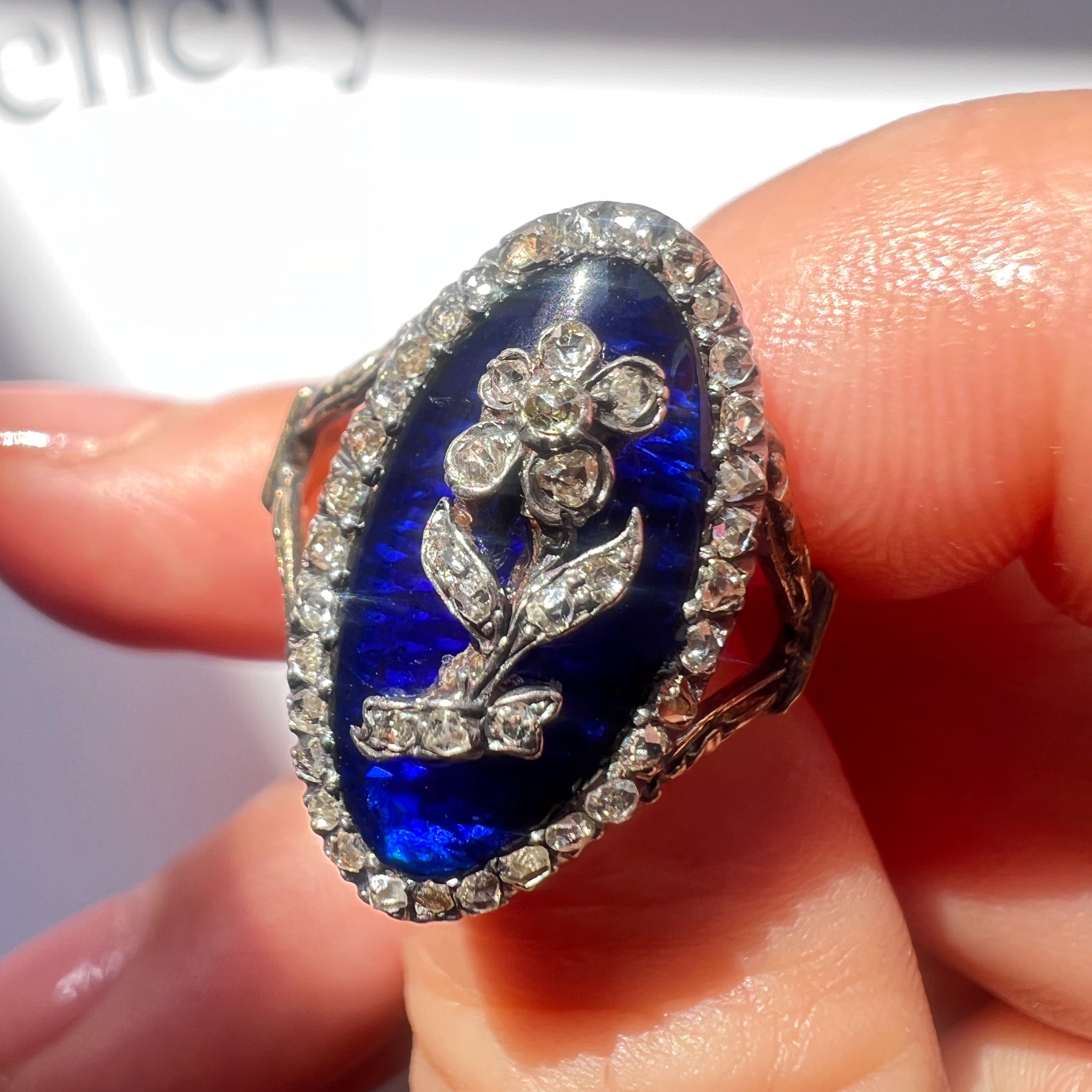 Georgian 18K Gold Blue Enamel & Diamond Flower ring