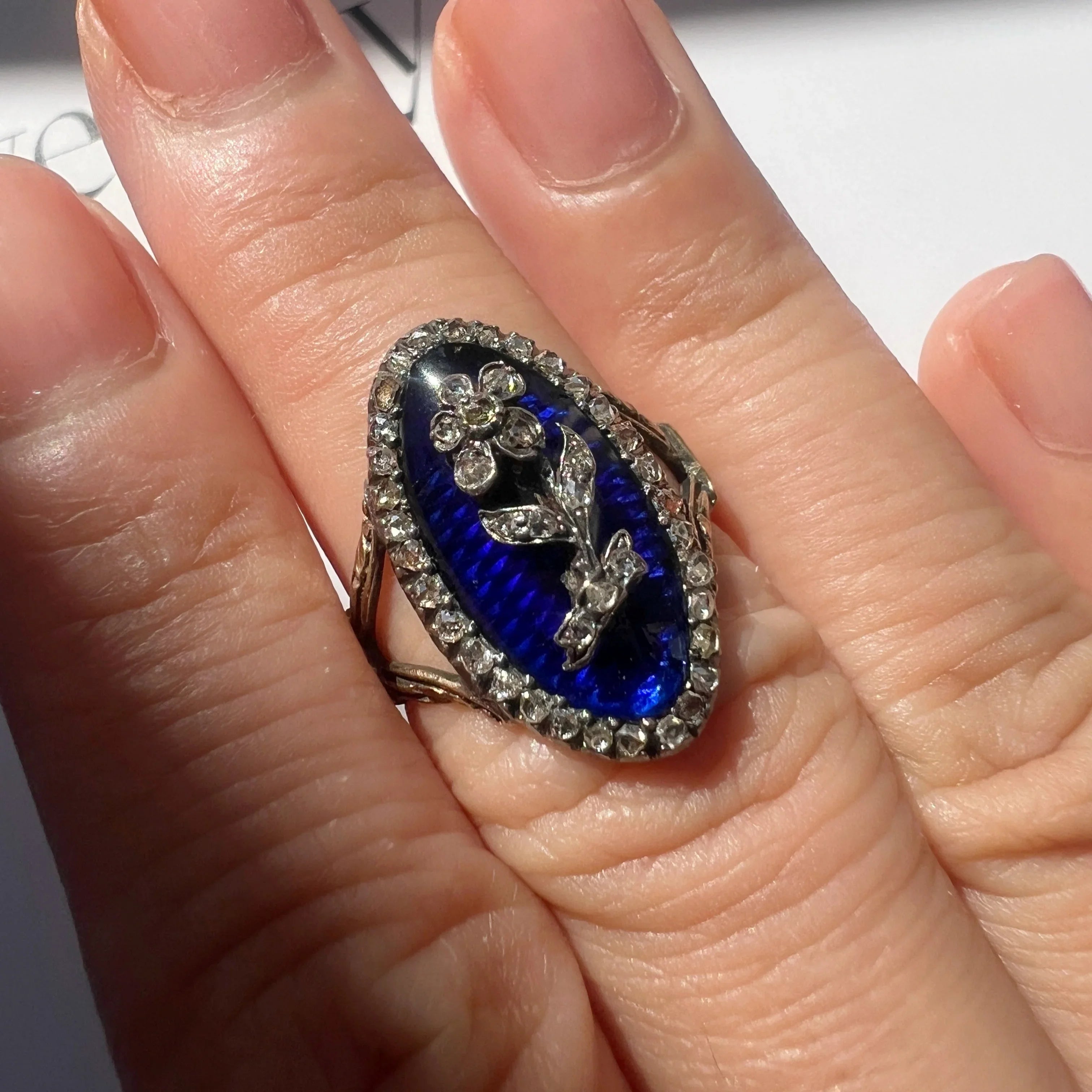 Georgian 18K Gold Blue Enamel & Diamond Flower ring