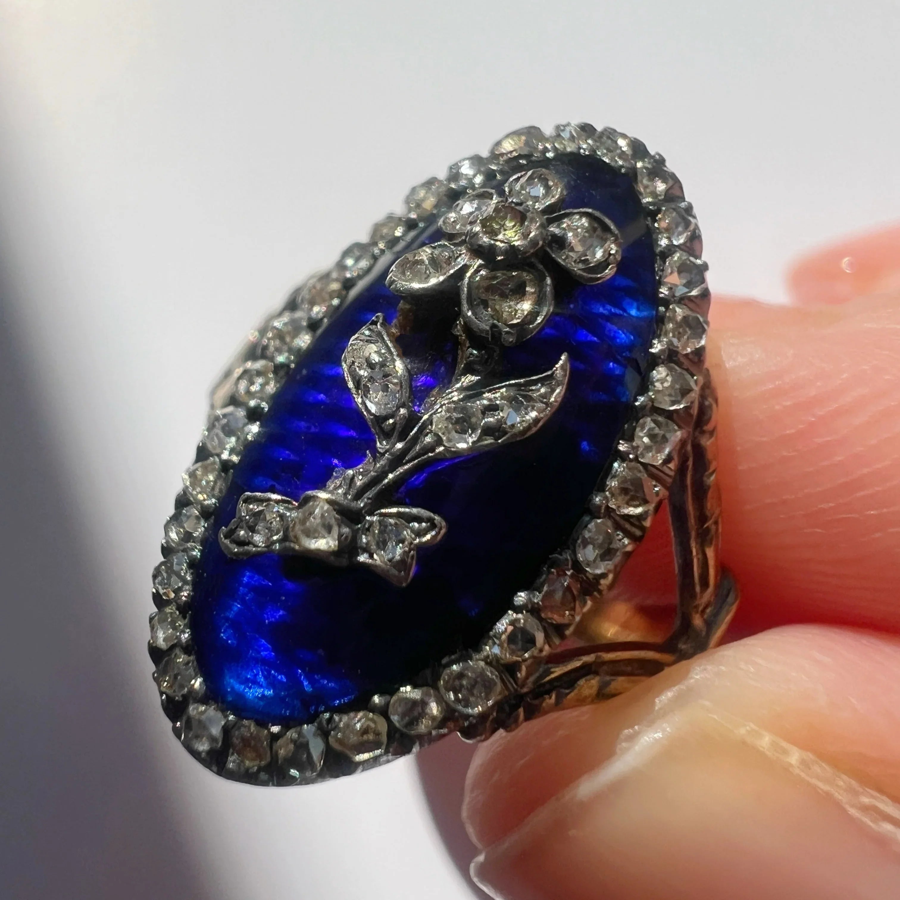 Georgian 18K Gold Blue Enamel & Diamond Flower ring