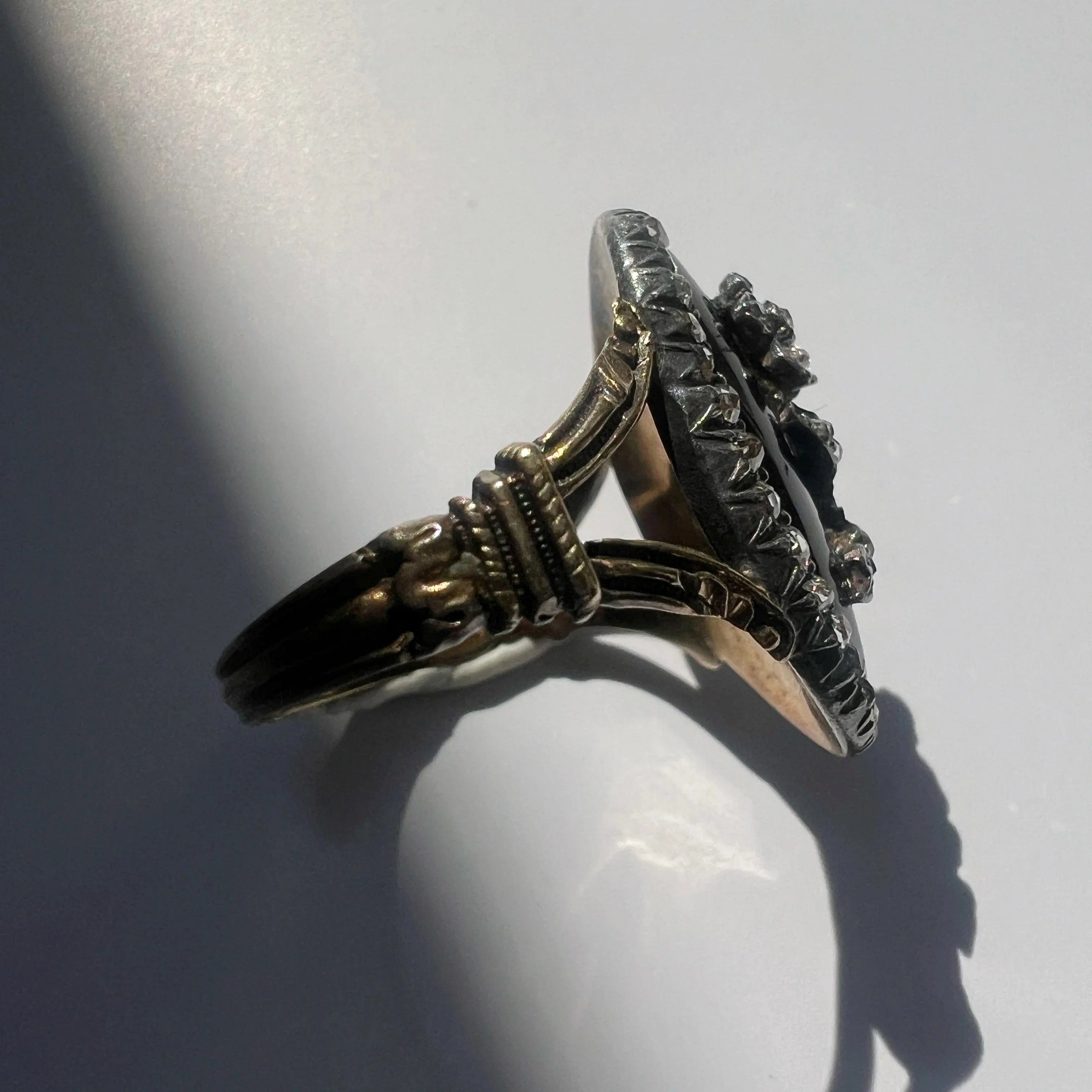 Georgian 18K Gold Blue Enamel & Diamond Flower ring