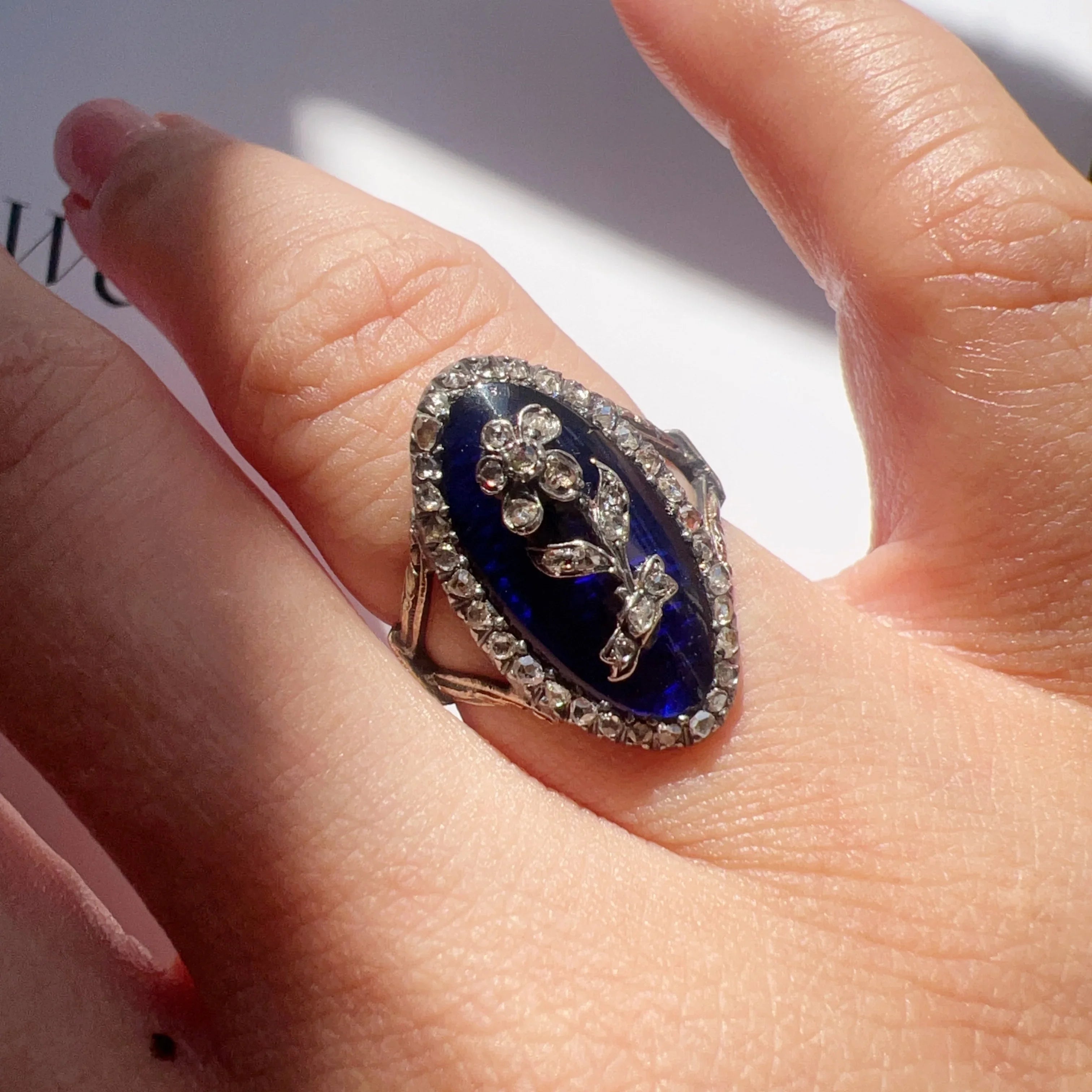 Georgian 18K Gold Blue Enamel & Diamond Flower ring