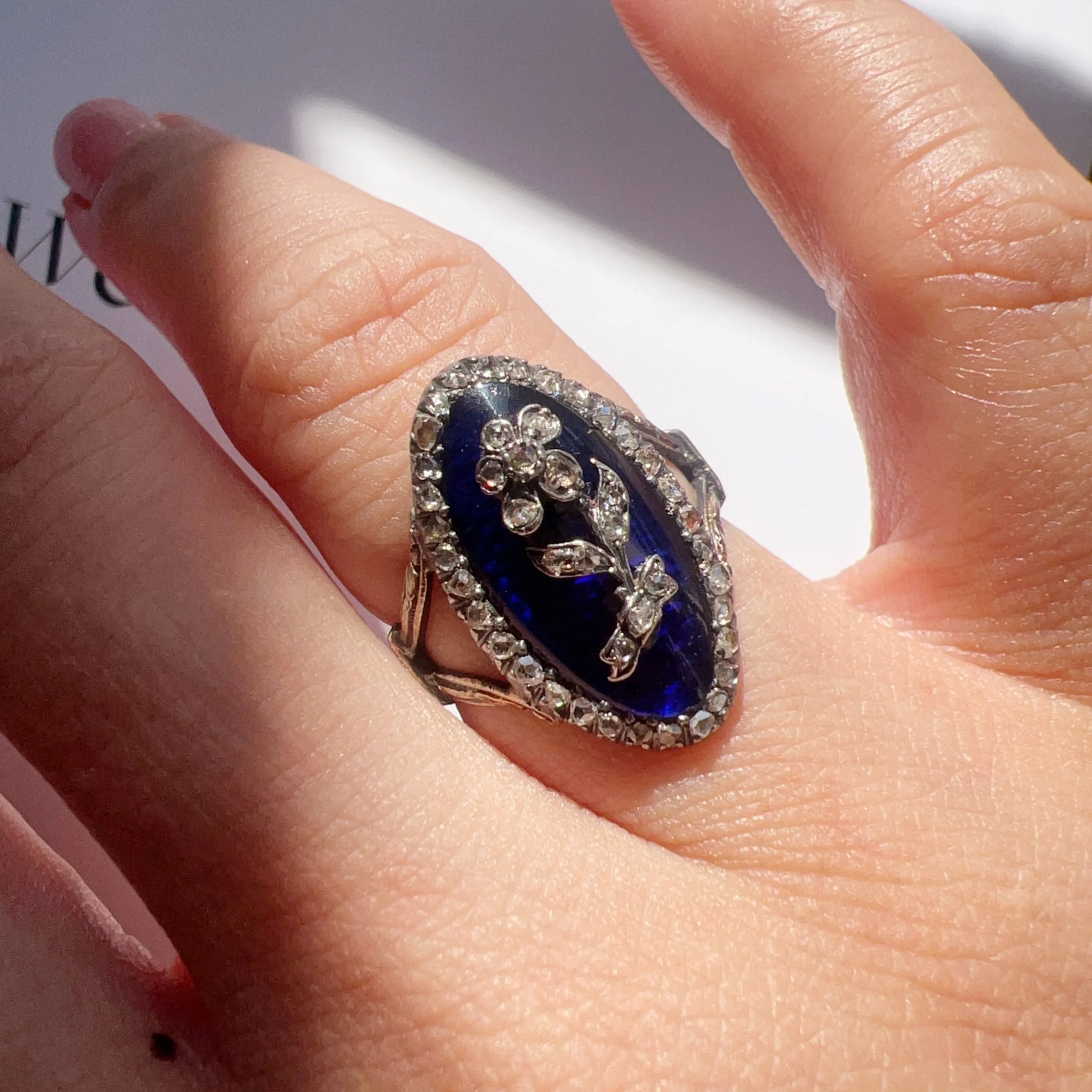 Georgian 18K Gold Blue Enamel & Diamond Flower ring