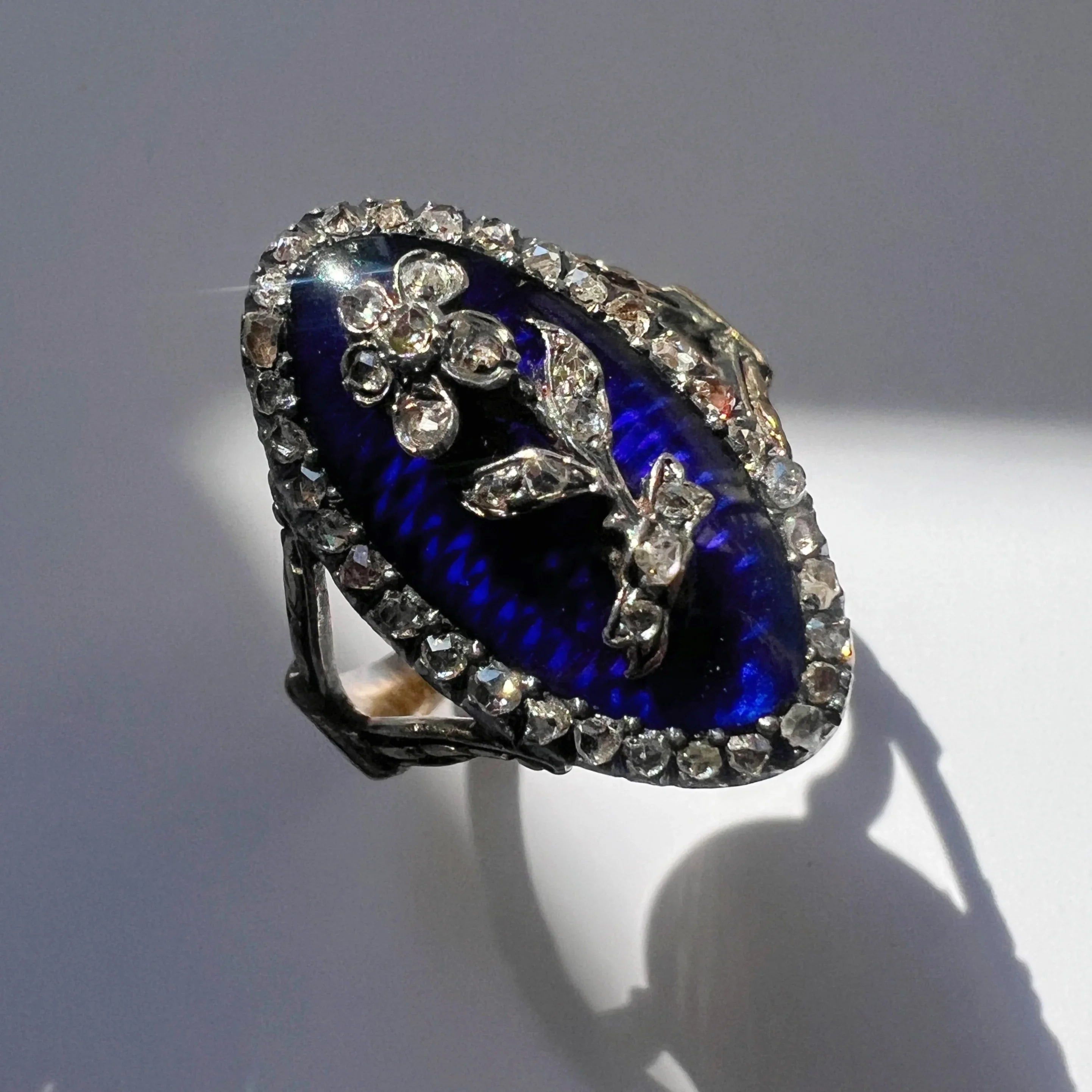Georgian 18K Gold Blue Enamel & Diamond Flower ring