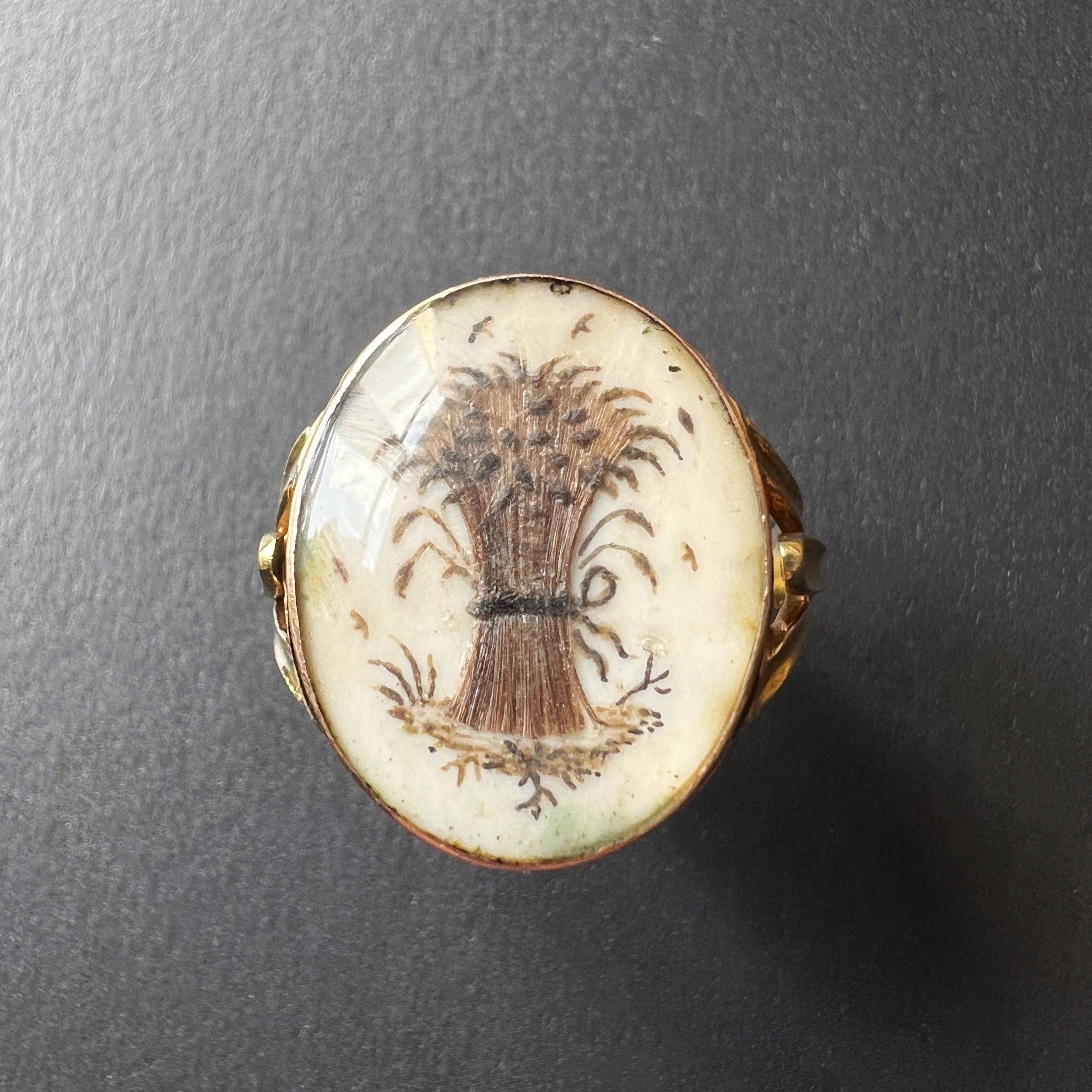 Antique 18K gold wheat sheaf dog urn and heart double sided ring - Curiously timeless