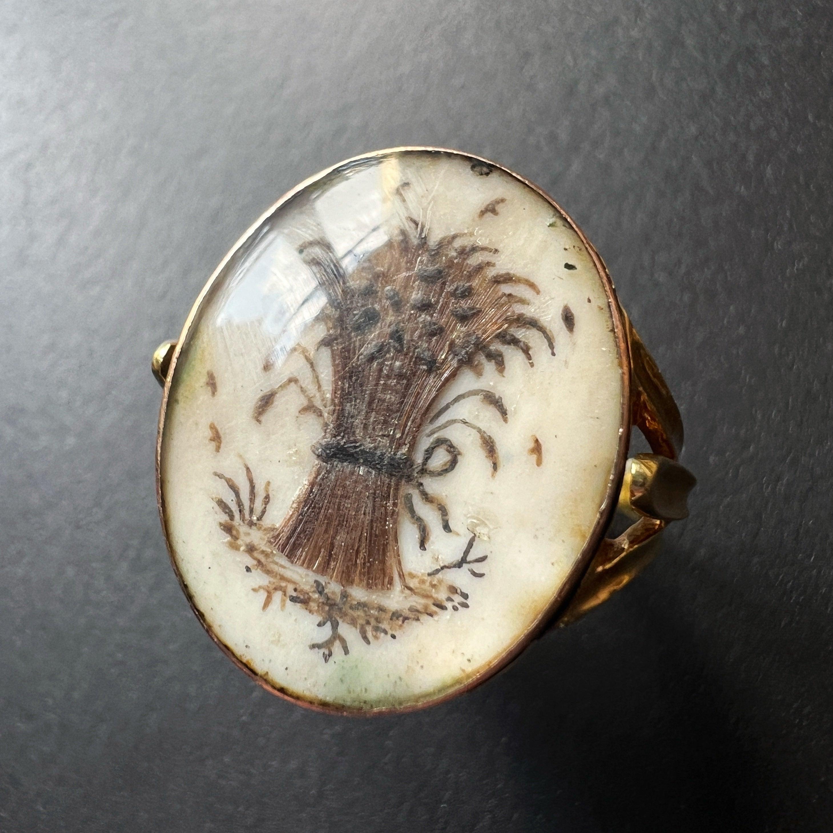 Antique 18K gold wheat sheaf dog urn and heart double sided ring - Curiously timeless