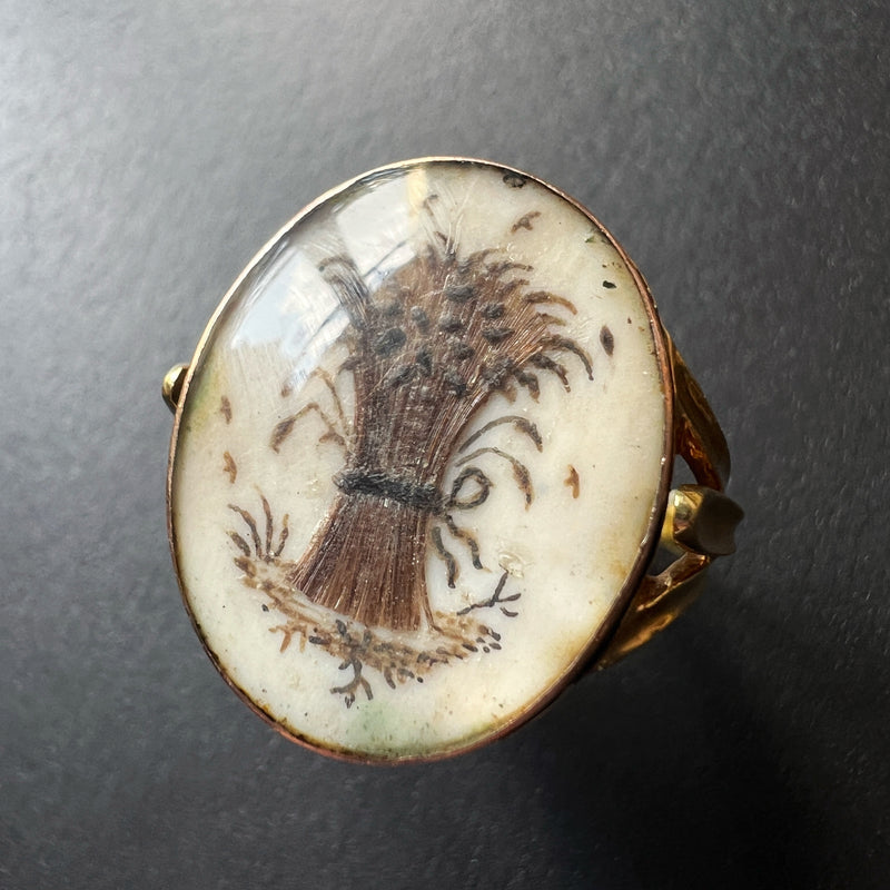 Antique 18K gold wheat sheaf dog urn and heart double sided ring