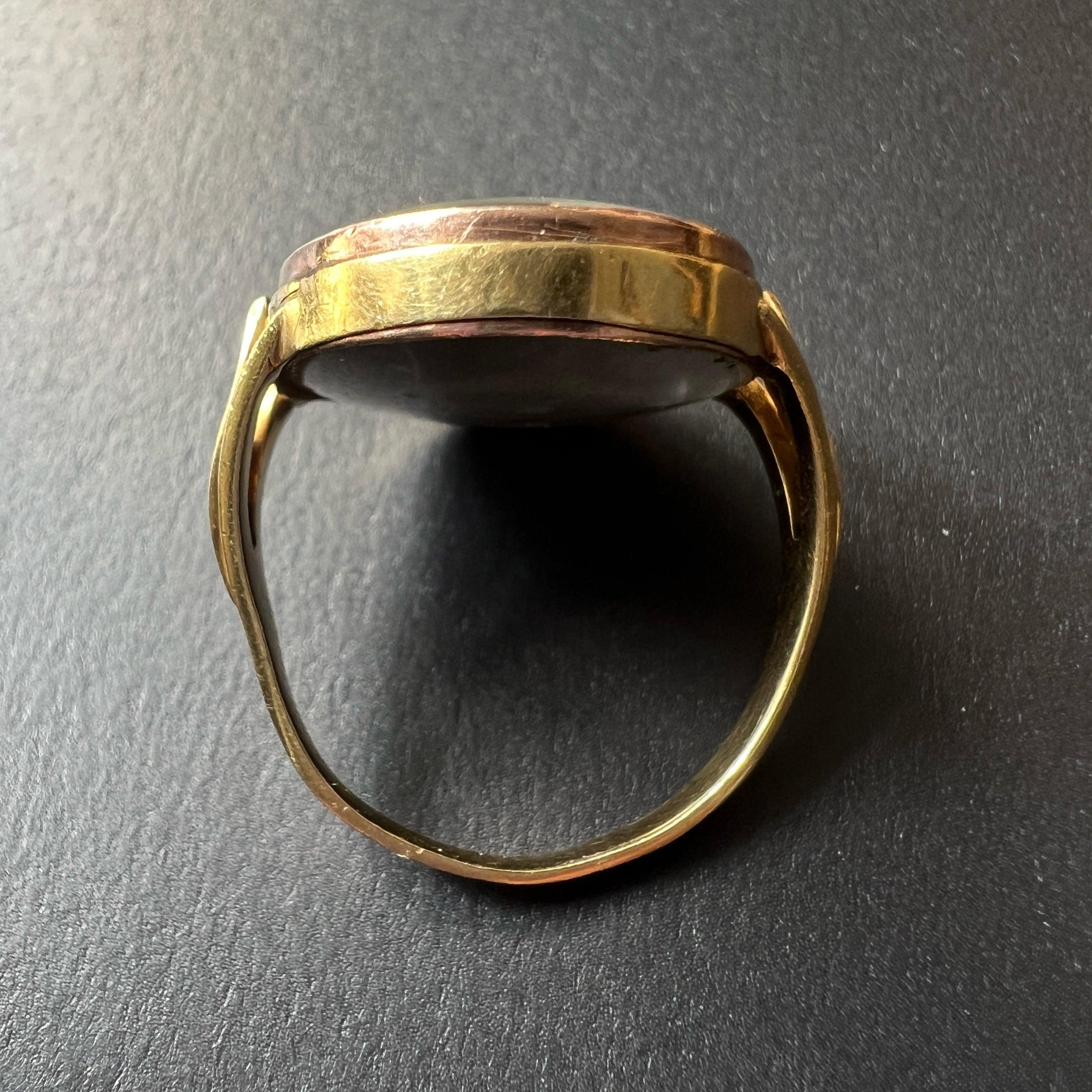 Antique 18K gold wheat sheaf dog urn and heart double sided ring - Curiously timeless