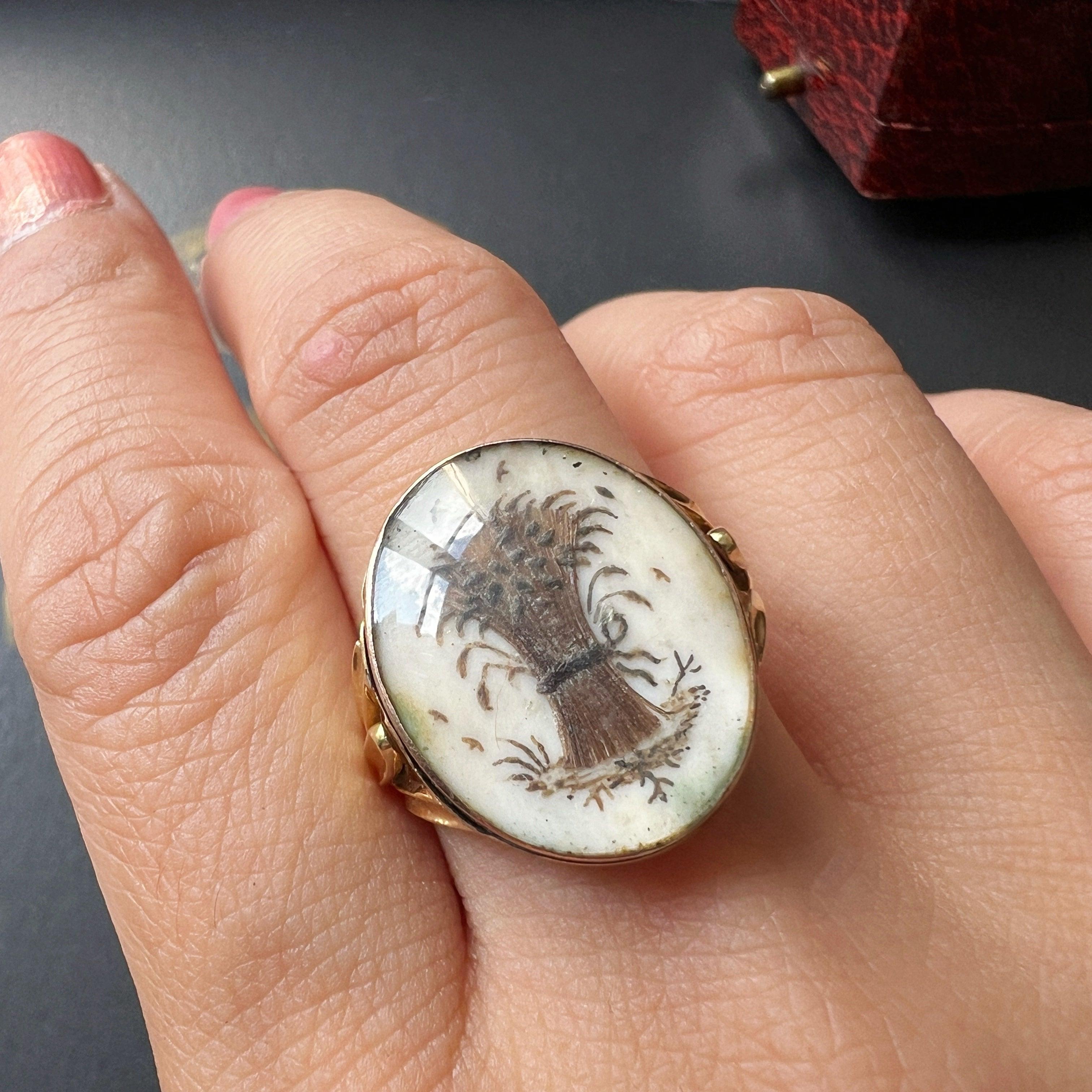 Antique 18K gold wheat sheaf dog urn and heart double sided ring - Curiously timeless