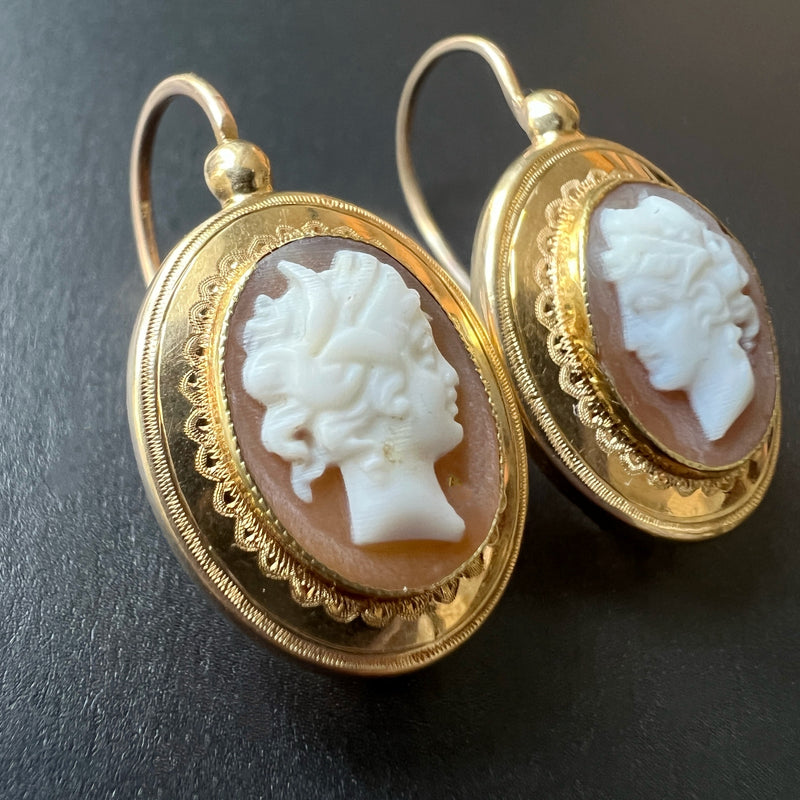 Antique 18K gold shell cameo pearl earrings