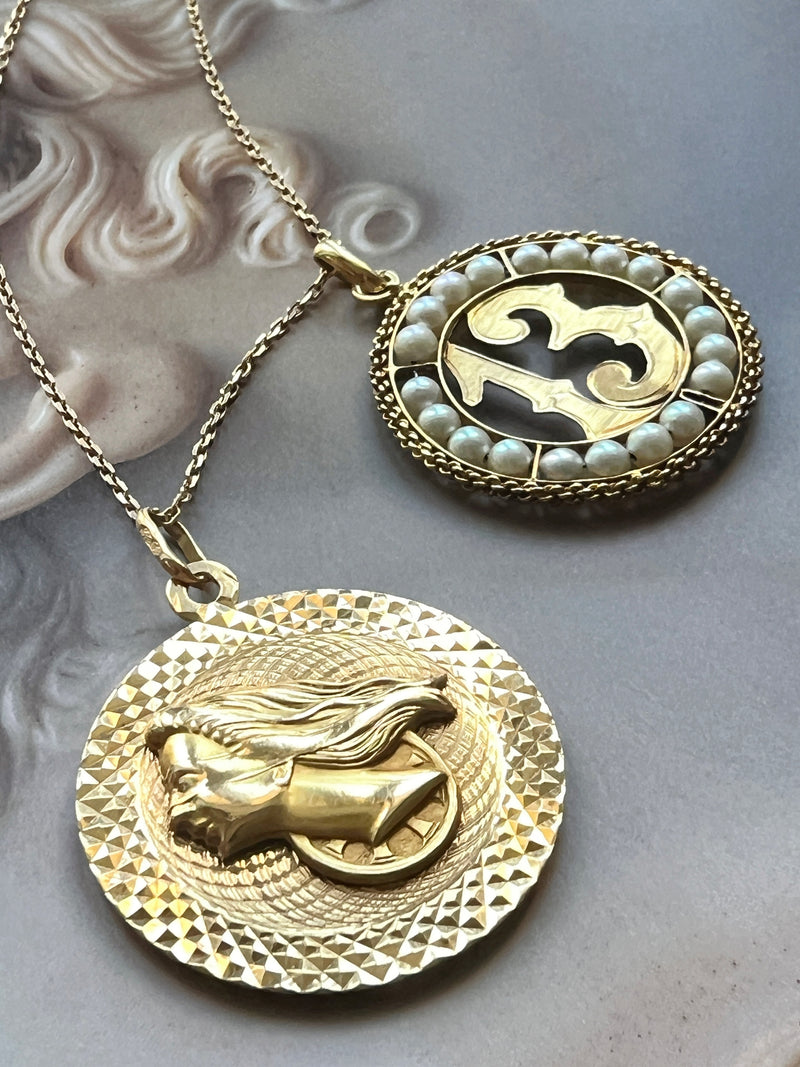 Large 18K gold double sided Guilloché Fortuna pendant