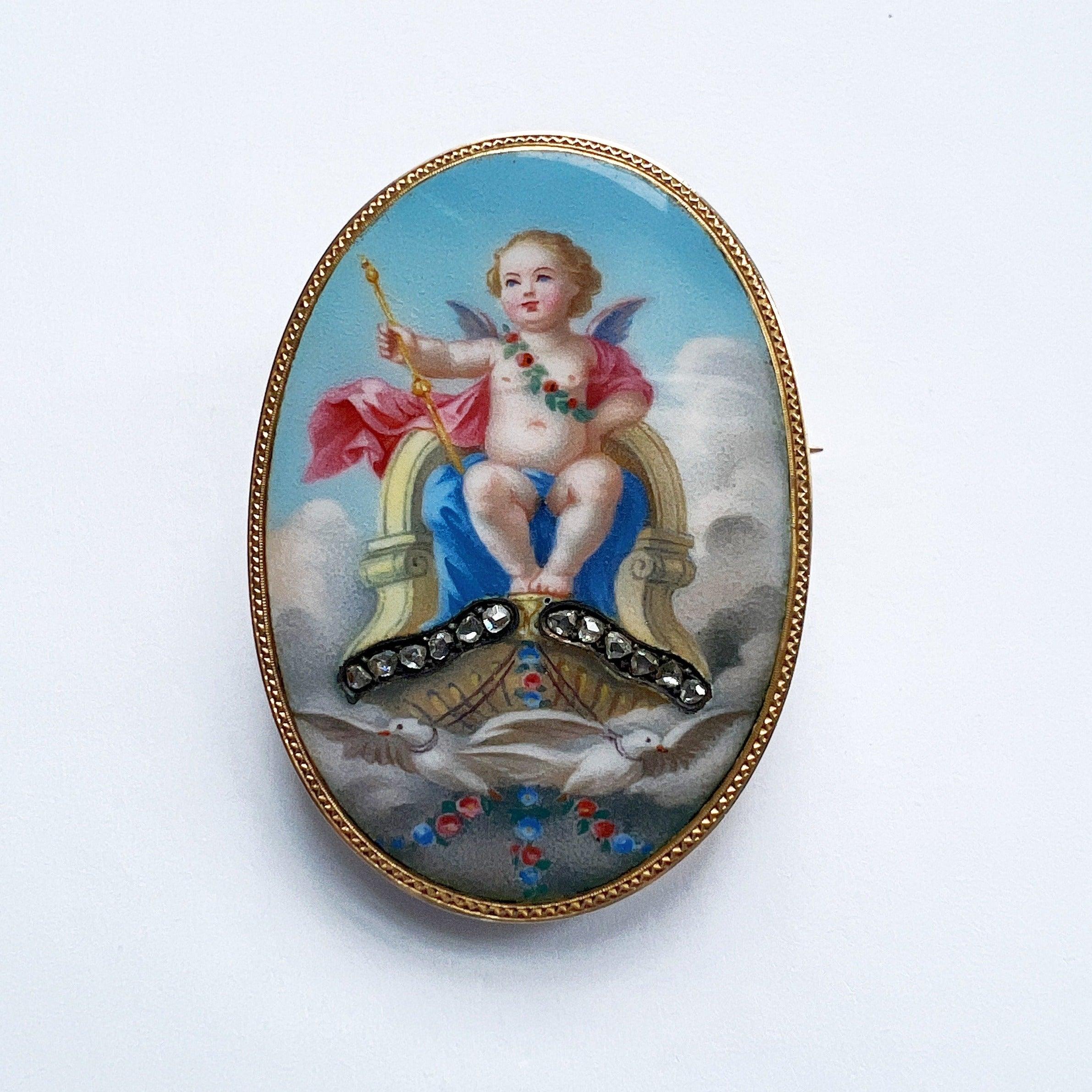 Victorian era 18K gold cherub in majesty enamel diamond brooch - Curiously timeless