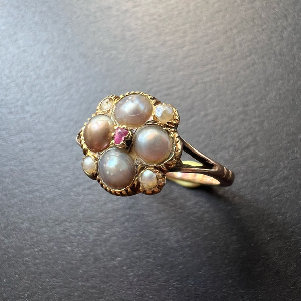 Georgian era 9k gold natural pearl flower ring