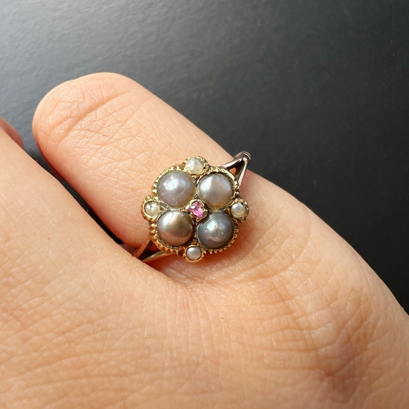 Georgian era 9k gold natural pearl flower ring