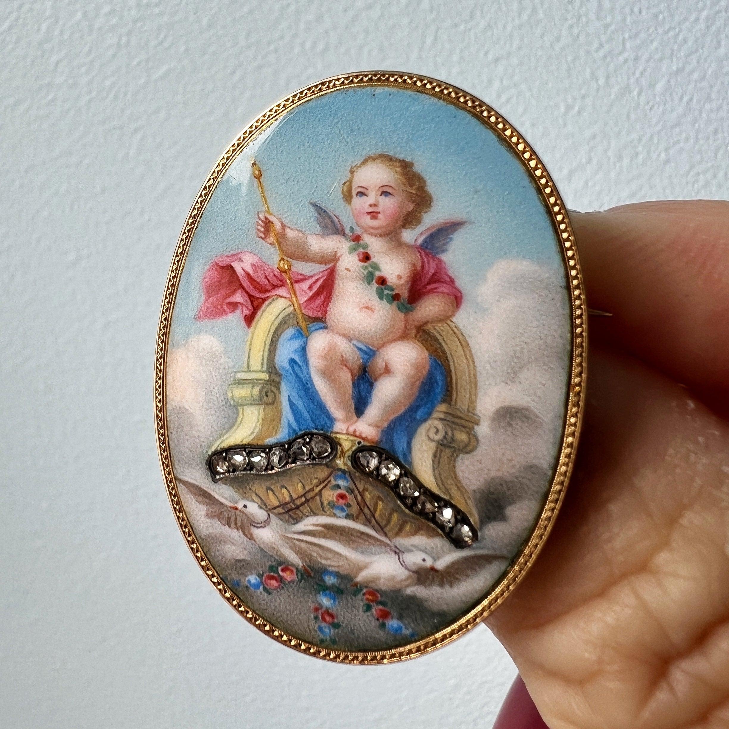 Victorian era 18K gold cherub in majesty enamel diamond brooch - Curiously timeless