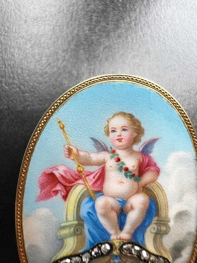 Victorian era 18K gold cherub in majesty enamel diamond brooch