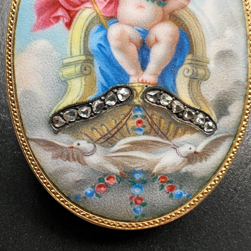 Victorian era 18K gold cherub in majesty enamel diamond brooch