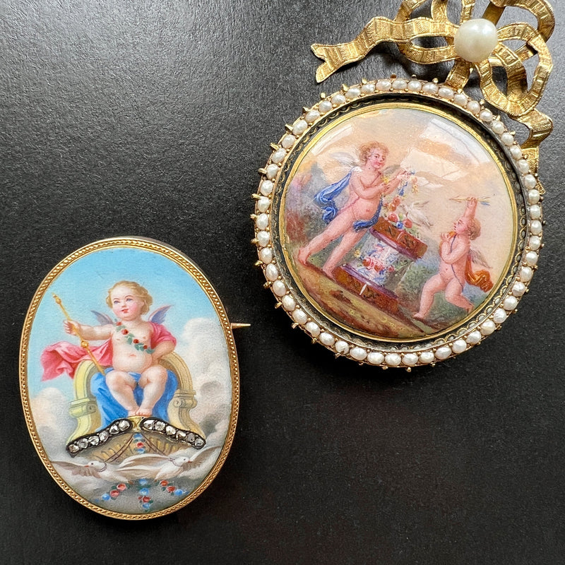 Victorian era 18K gold cherub in majesty enamel diamond brooch