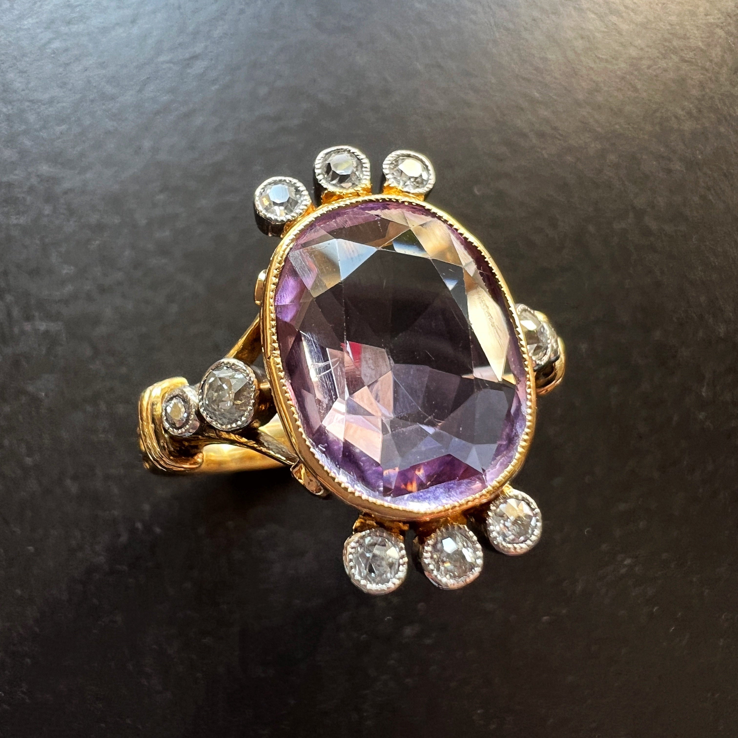 Georgian 18K Gold Blue Enamel & Diamond Flower ring