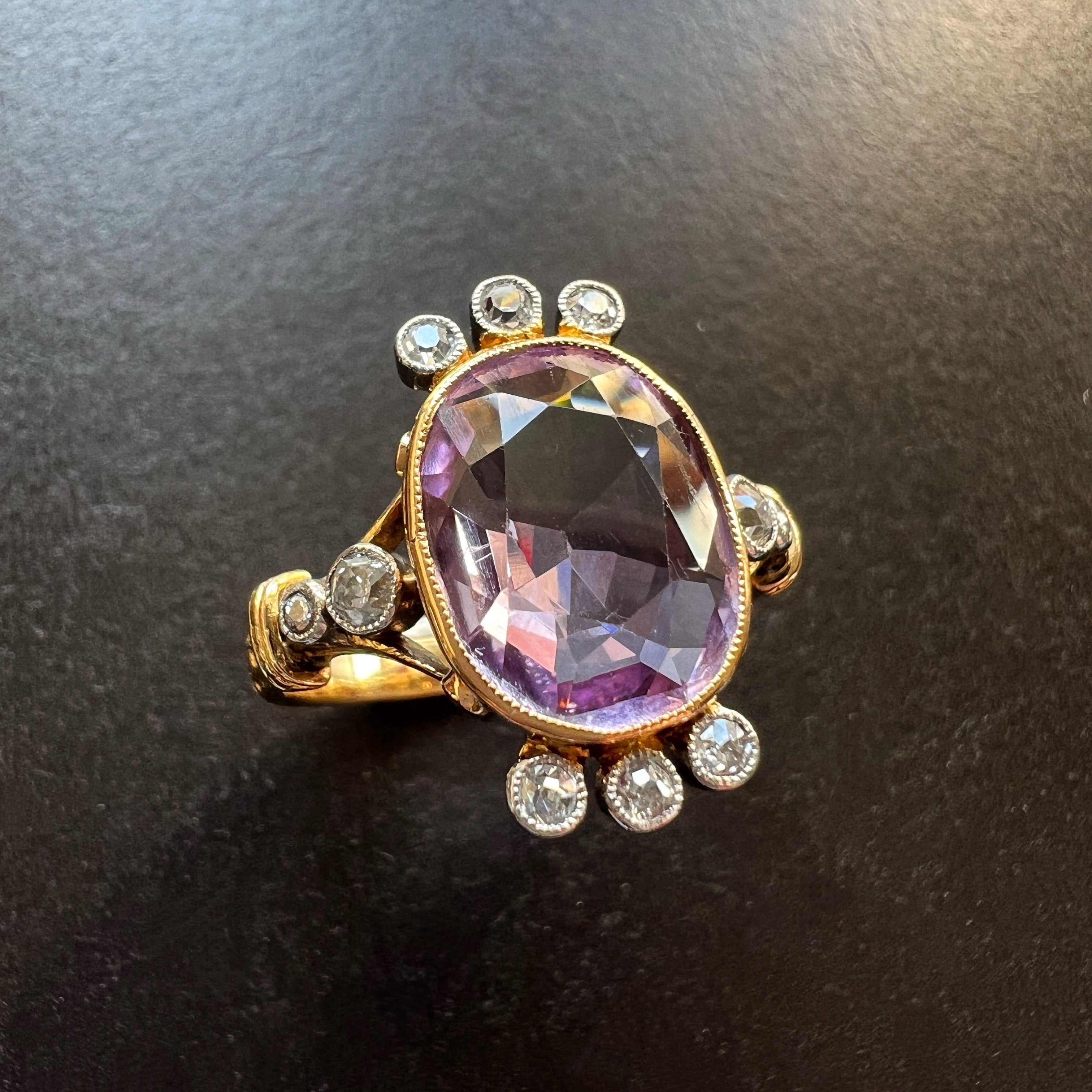 Georgian 18K Gold Blue Enamel & Diamond Flower ring