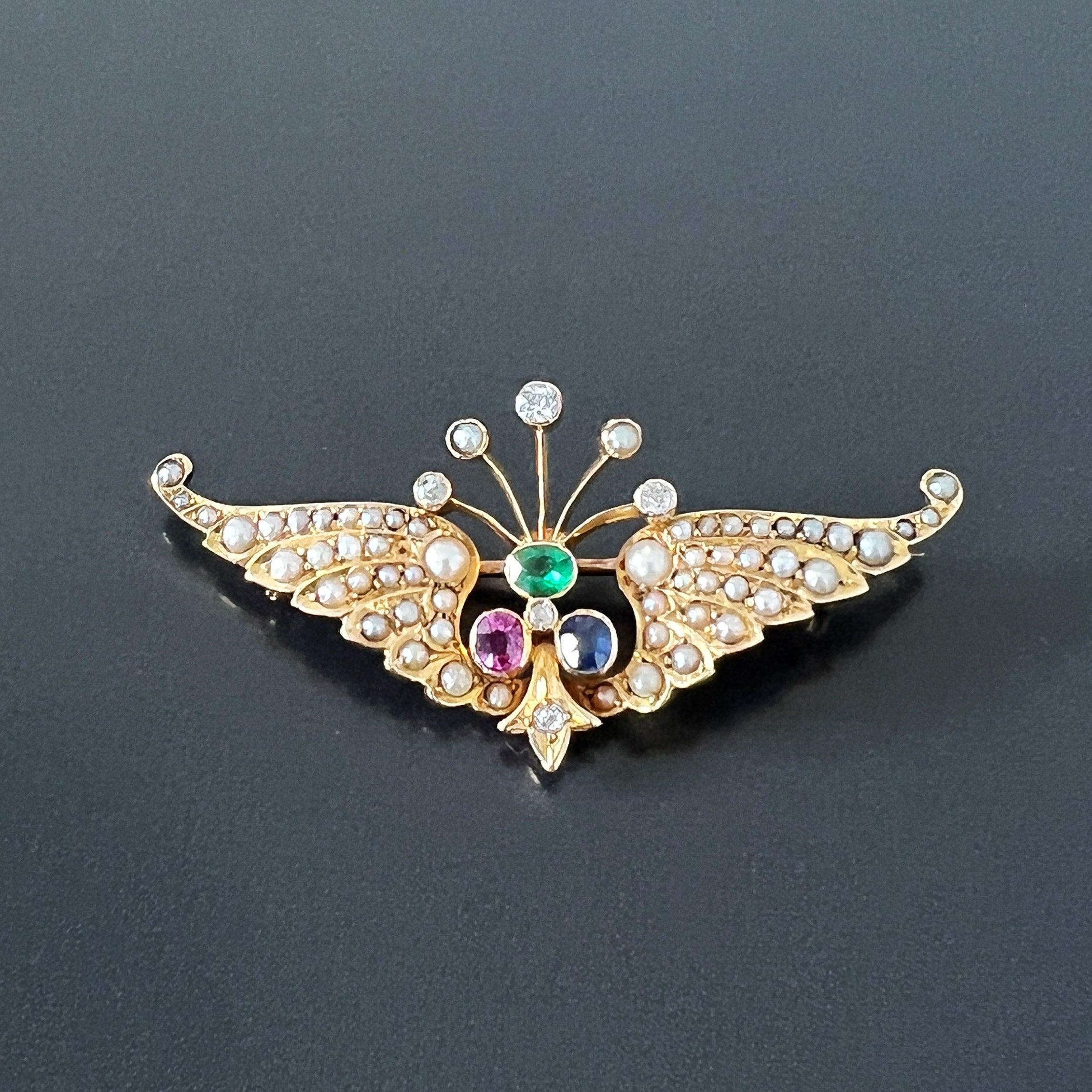 Victorian era 14k gold pearl diamond pink /blue sapphire emerald wing brooch - Curiously timeless