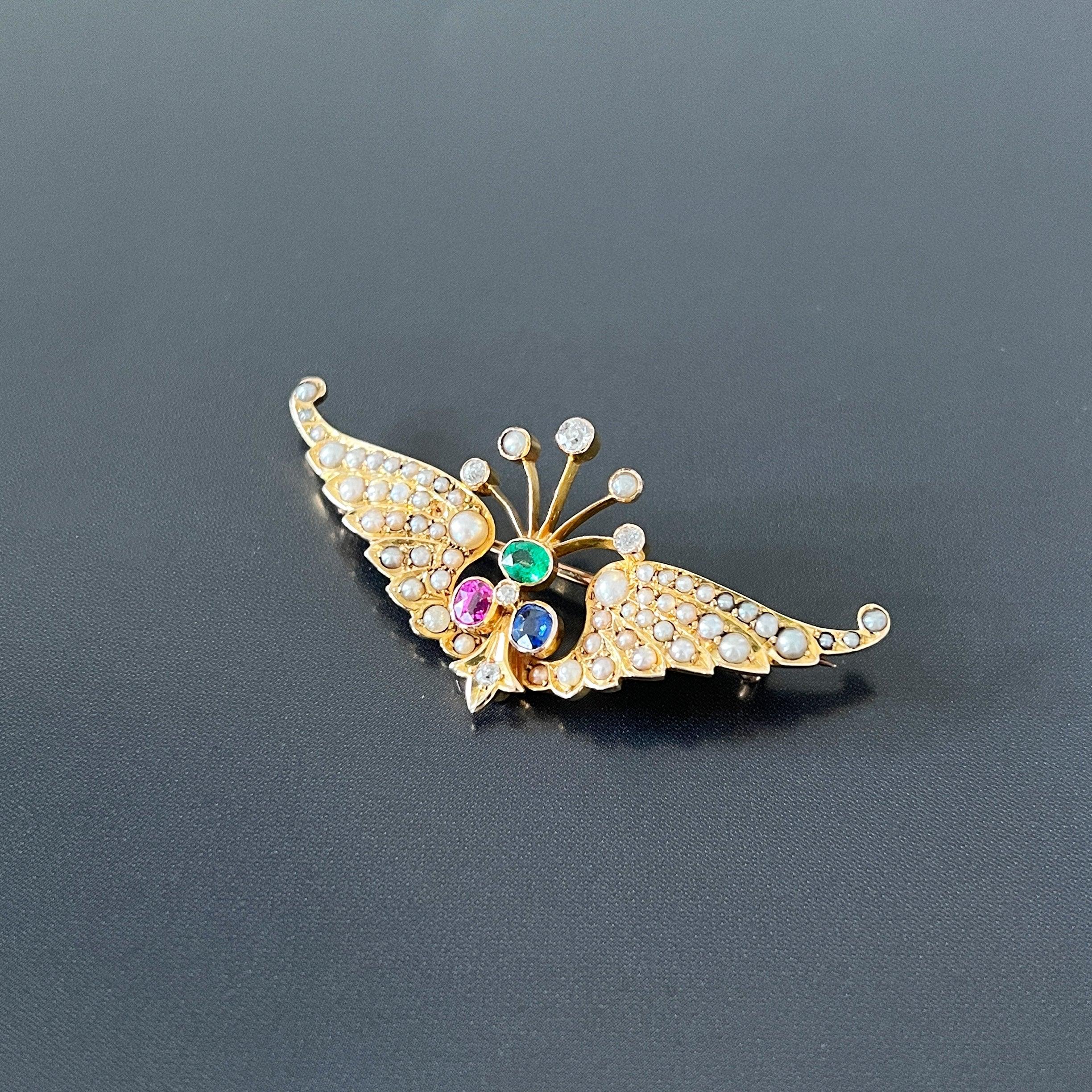 Victorian era 14k gold pearl diamond pink /blue sapphire emerald wing brooch - Curiously timeless