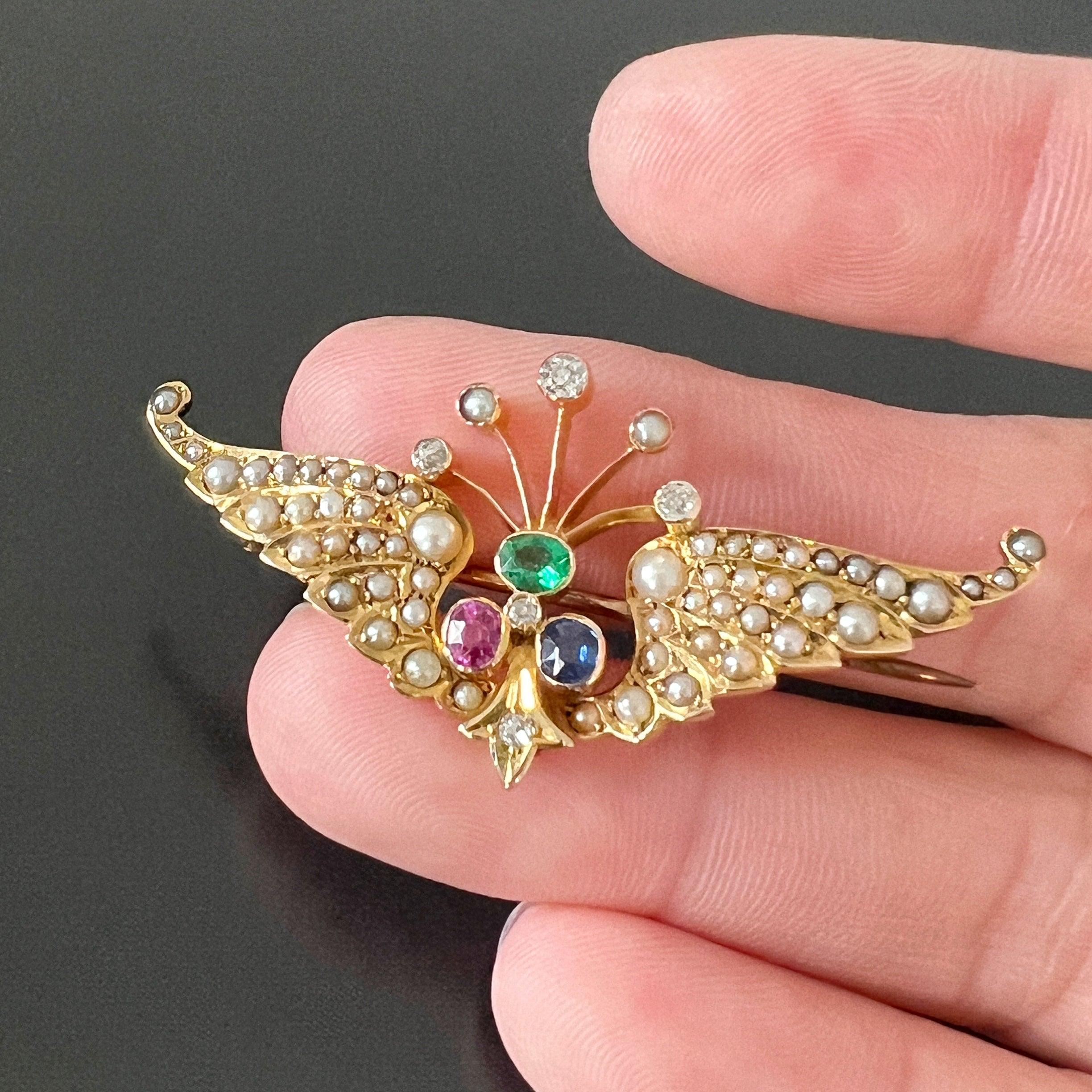 Victorian era 14k gold pearl diamond pink /blue sapphire emerald wing brooch - Curiously timeless