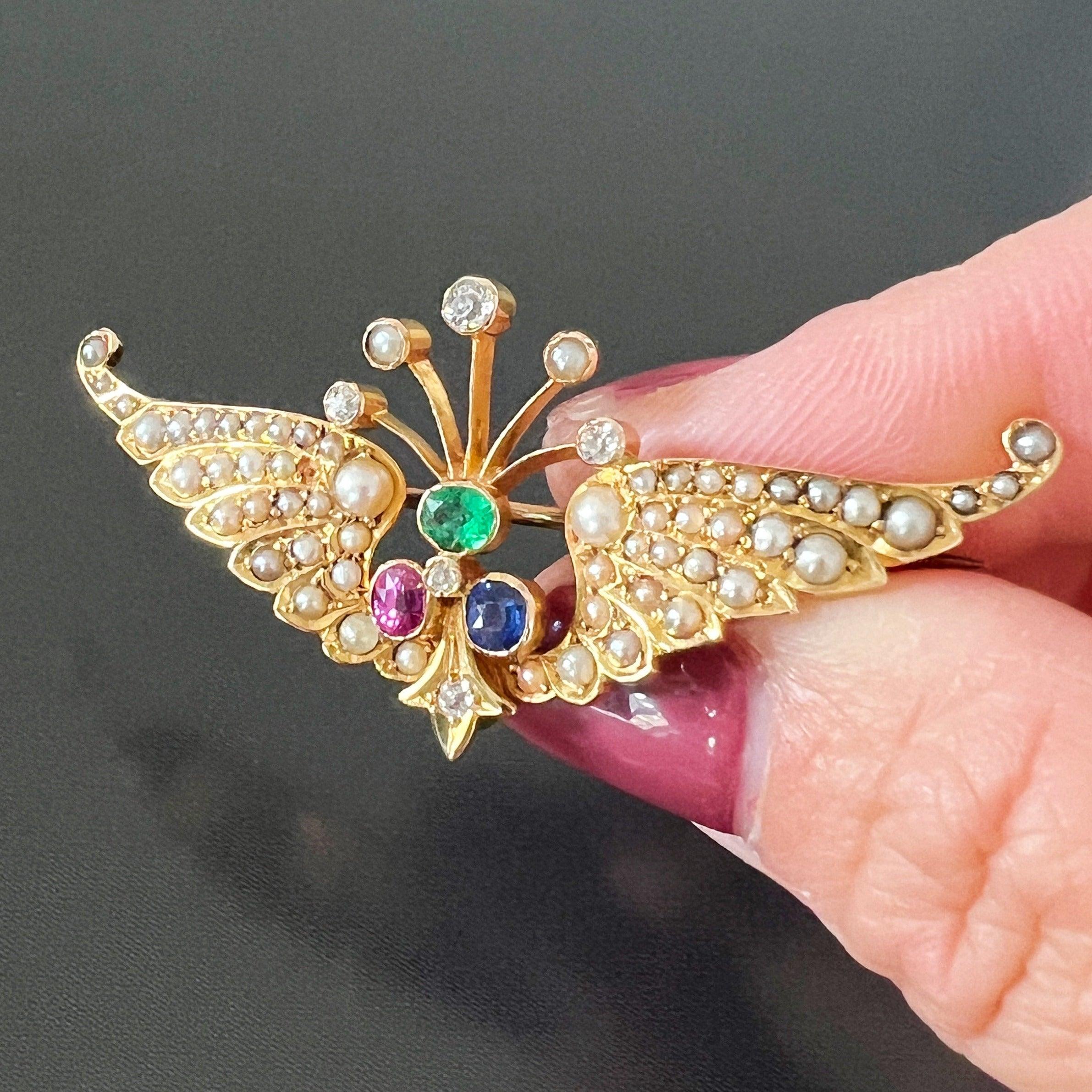 Victorian era 14k gold pearl diamond pink /blue sapphire emerald wing brooch - Curiously timeless