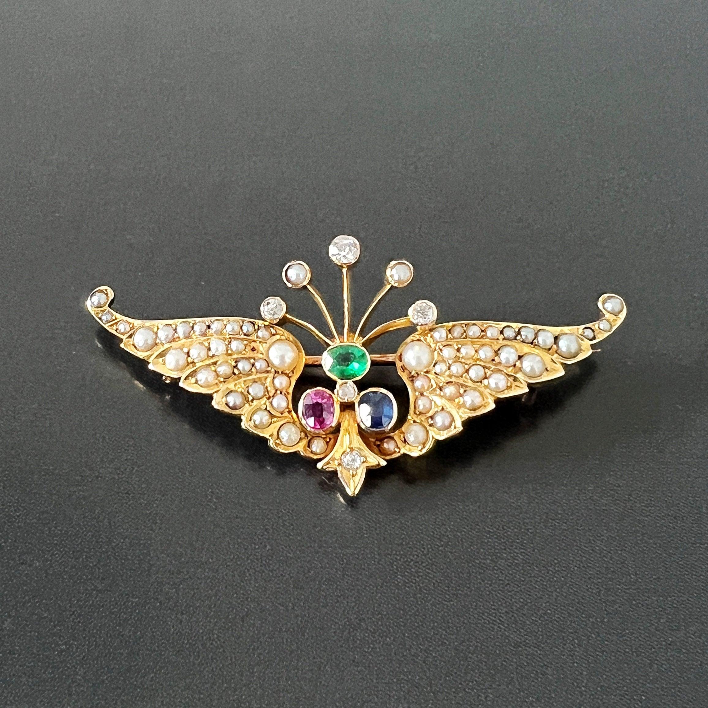 Victorian era 14k gold pearl diamond pink /blue sapphire emerald wing brooch - Curiously timeless