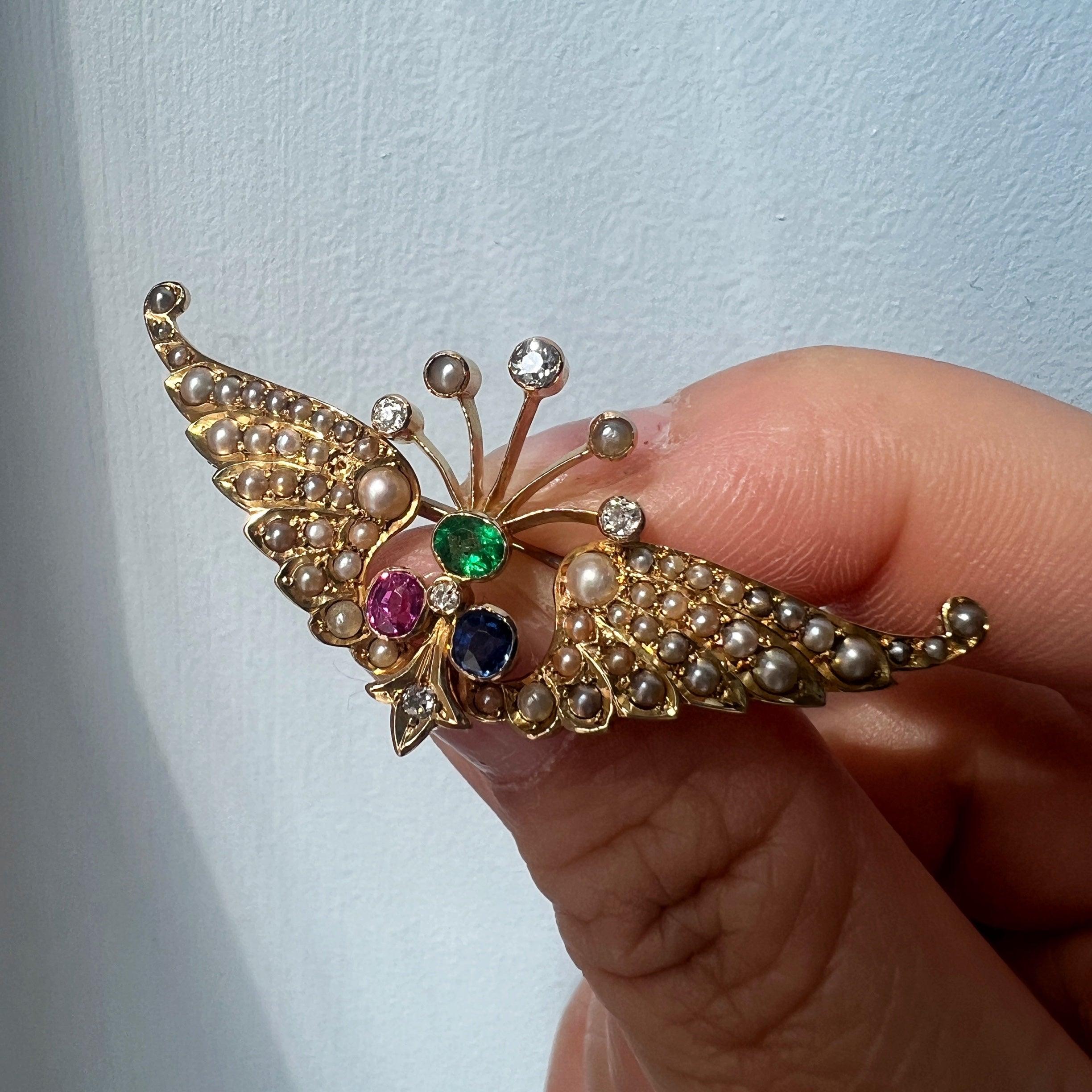 Victorian era 14k gold pearl diamond pink /blue sapphire emerald wing brooch - Curiously timeless