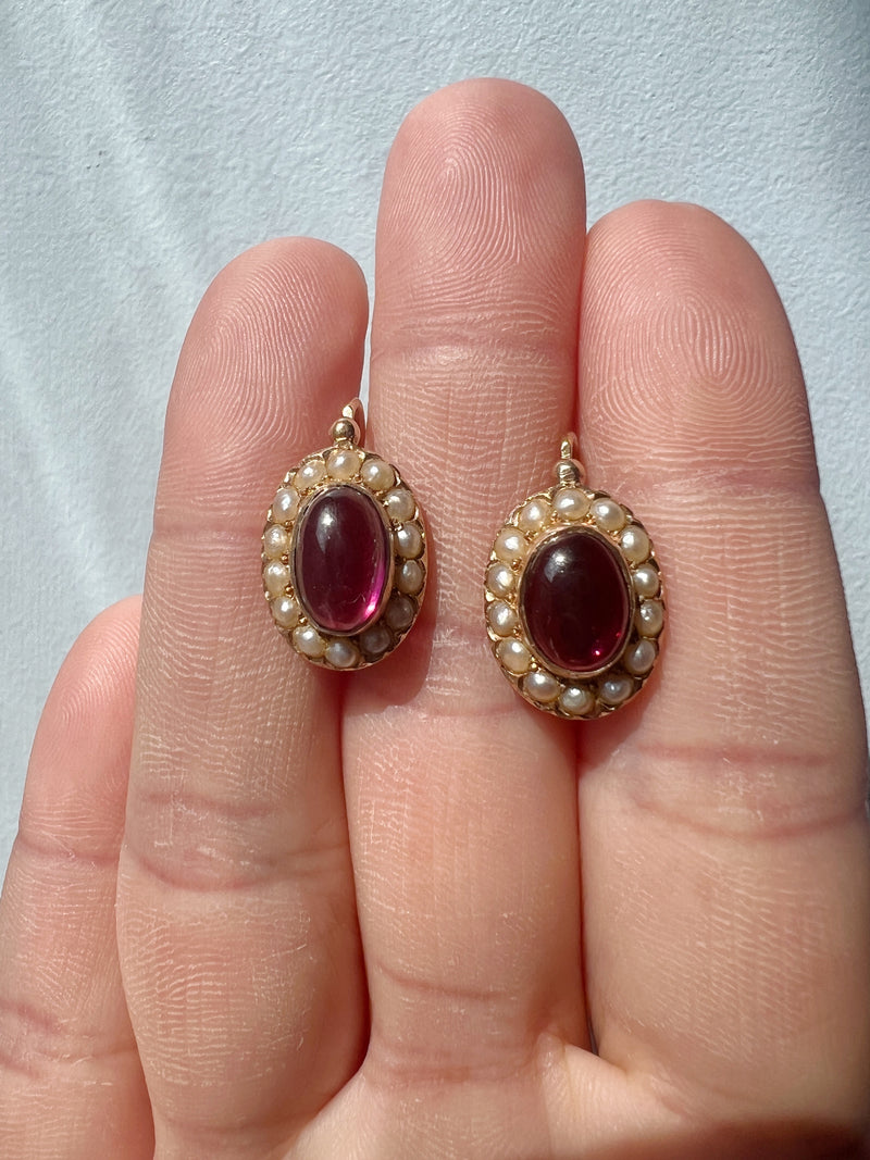 Victorian era 18K gold garnet pearl dangle earrings