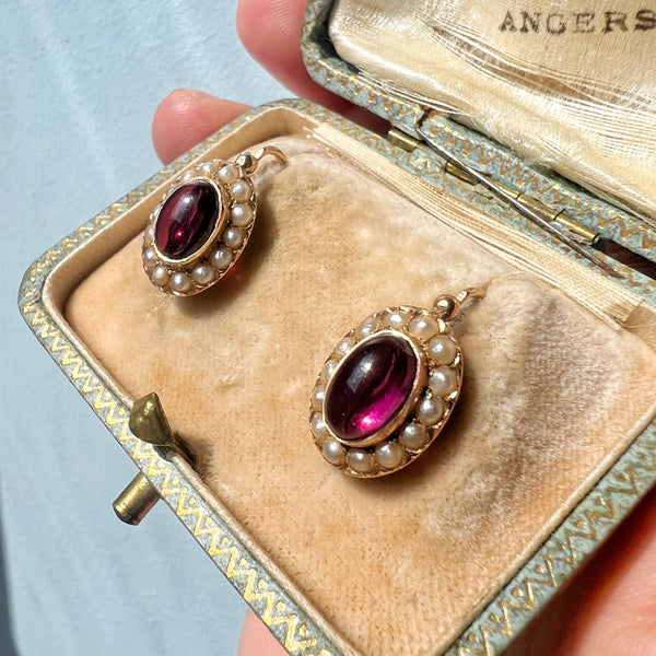 Victorian era 18K gold garnet pearl dangle earrings