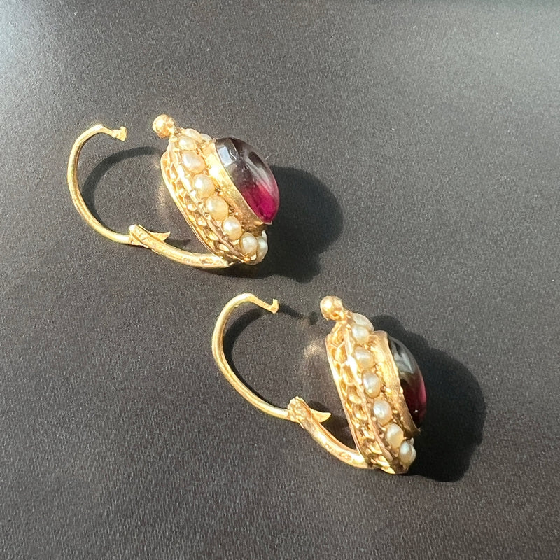 Victorian era 18K gold garnet pearl dangle earrings