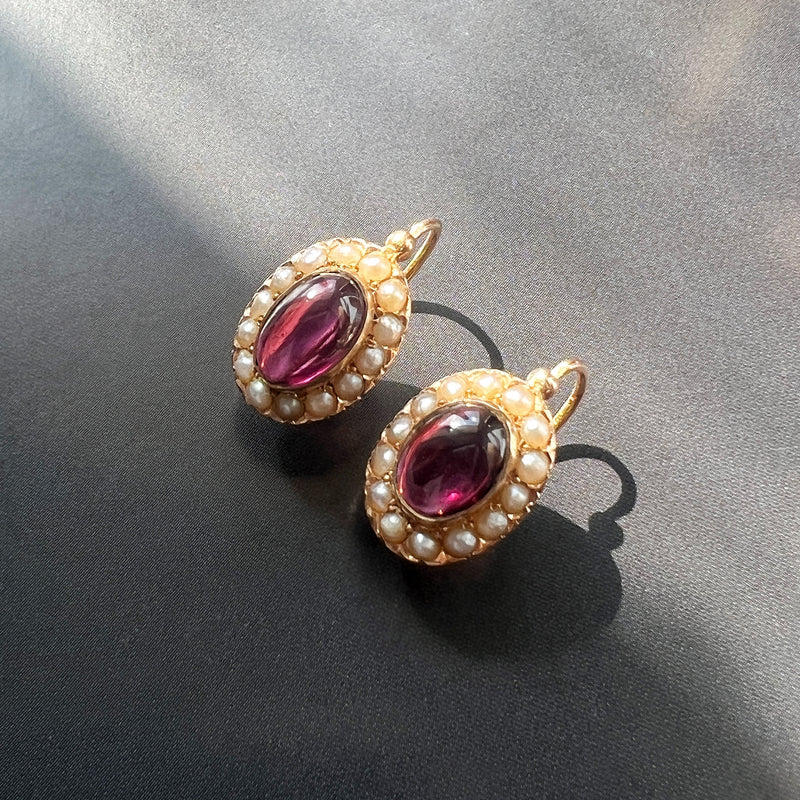 Victorian era 18K gold garnet pearl dangle earrings