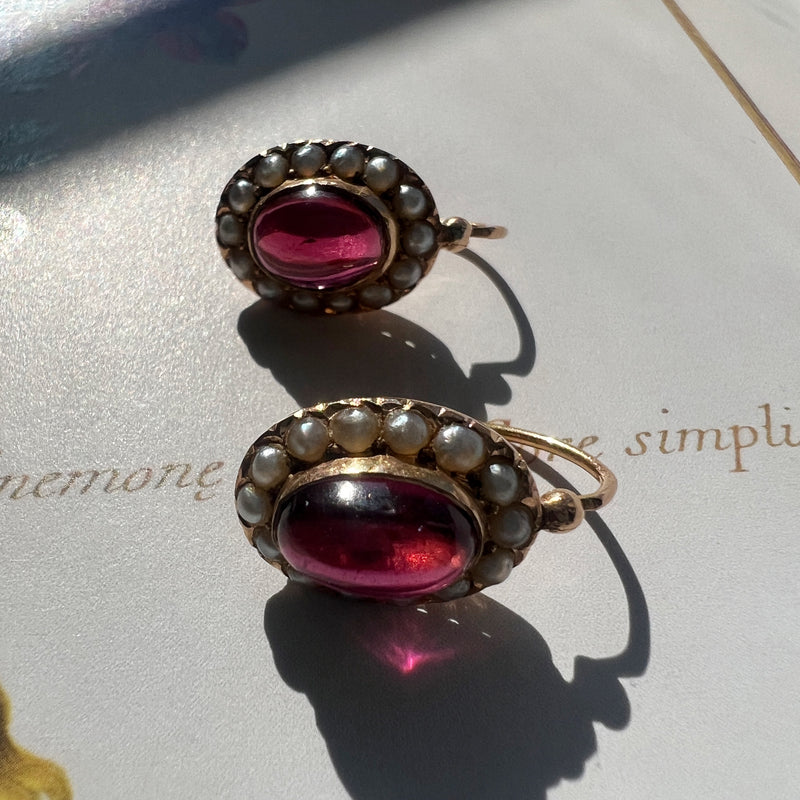 Victorian era 18K gold garnet pearl dangle earrings