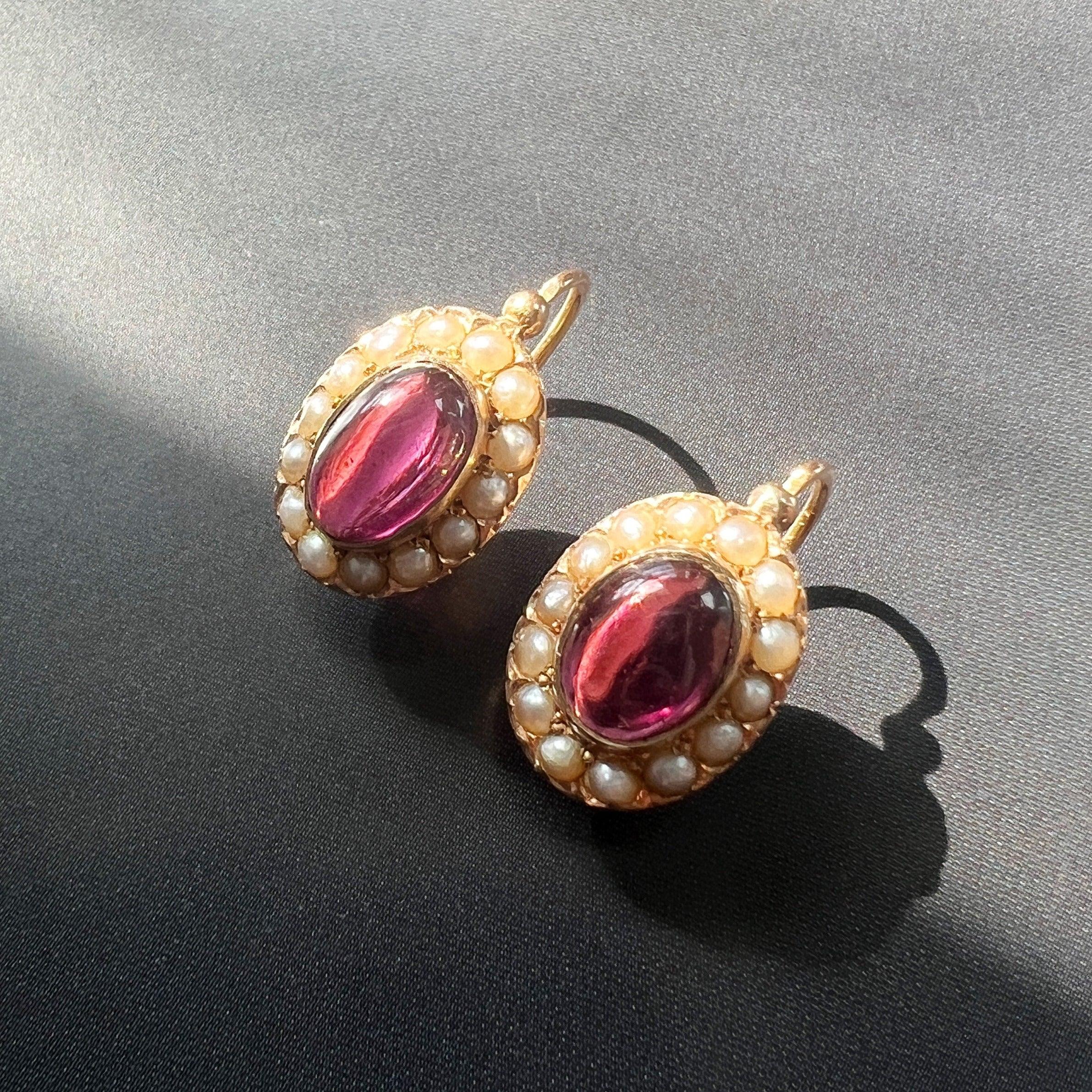 Victorian era 18K gold garnet pearl dangle earrings - Curiously timeless