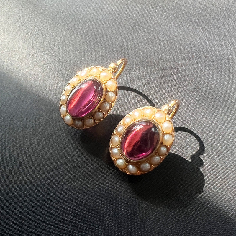 Victorian era 18K gold garnet pearl dangle earrings