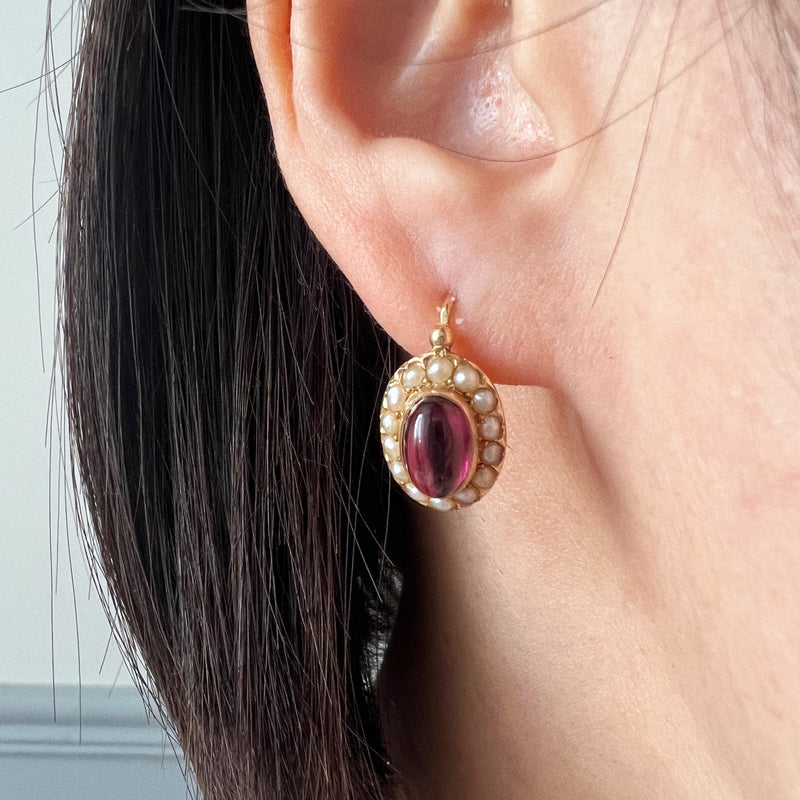 Victorian era 18K gold garnet pearl dangle earrings