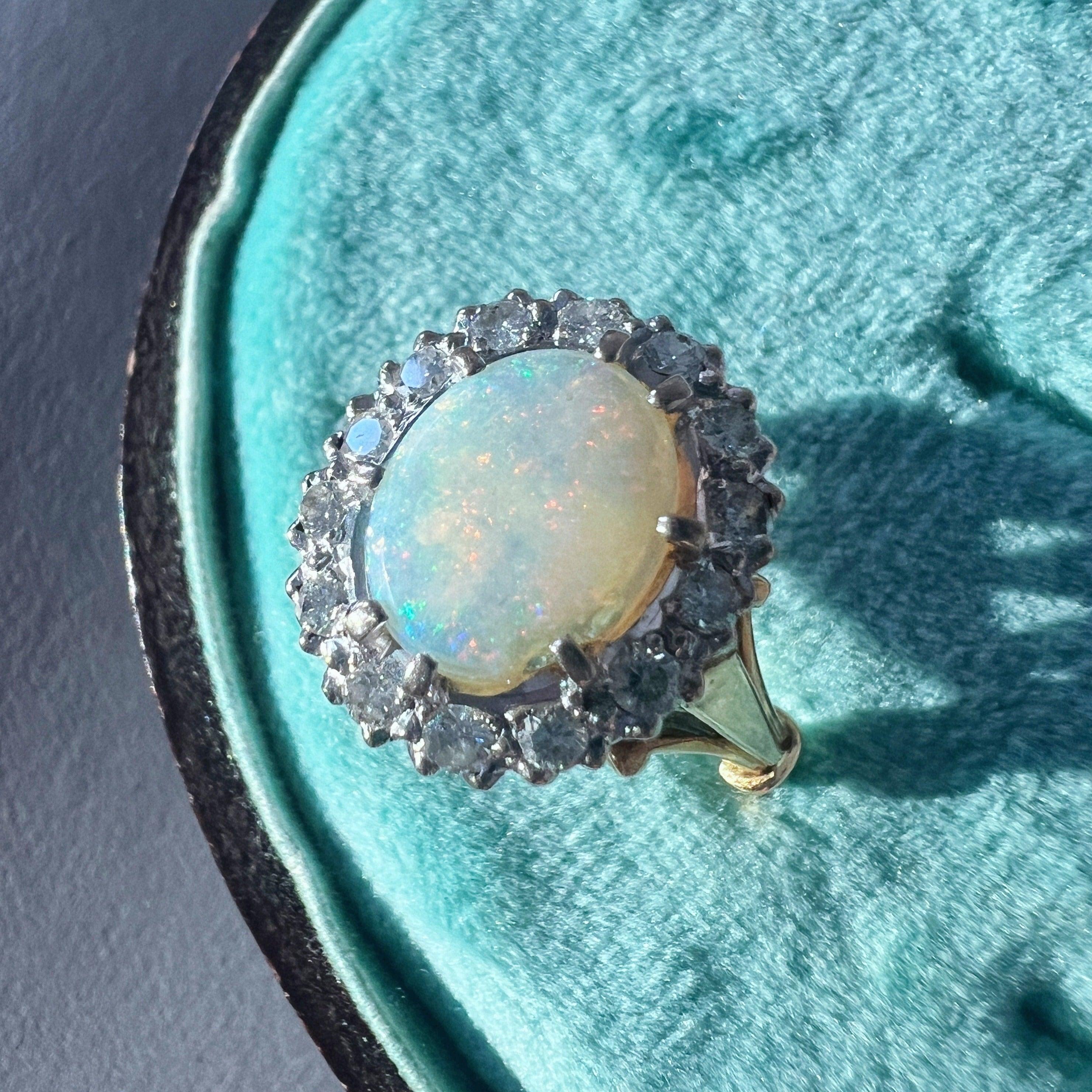 Antique 18K gold opal diamond cluster ring - Curiously timeless