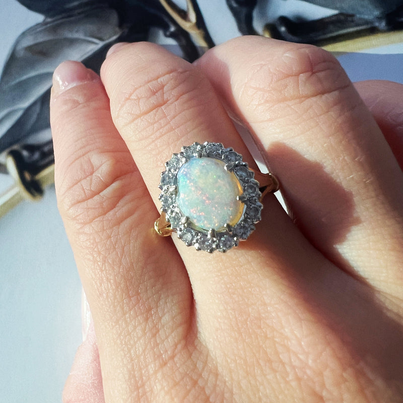 Antique 18K gold opal diamond cluster ring