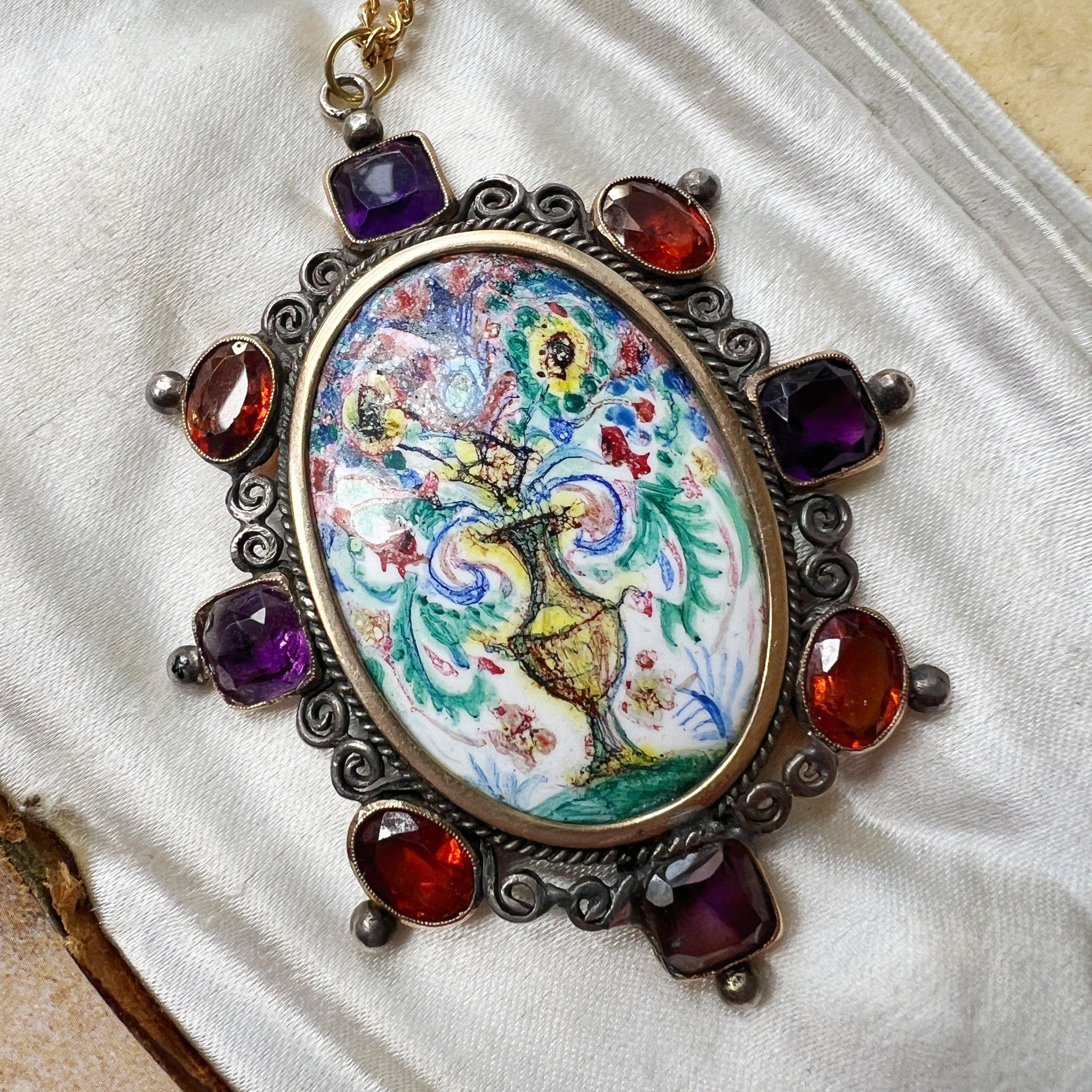 Victorian era amethyst and citrine enamel flower pendant - Curiously timeless