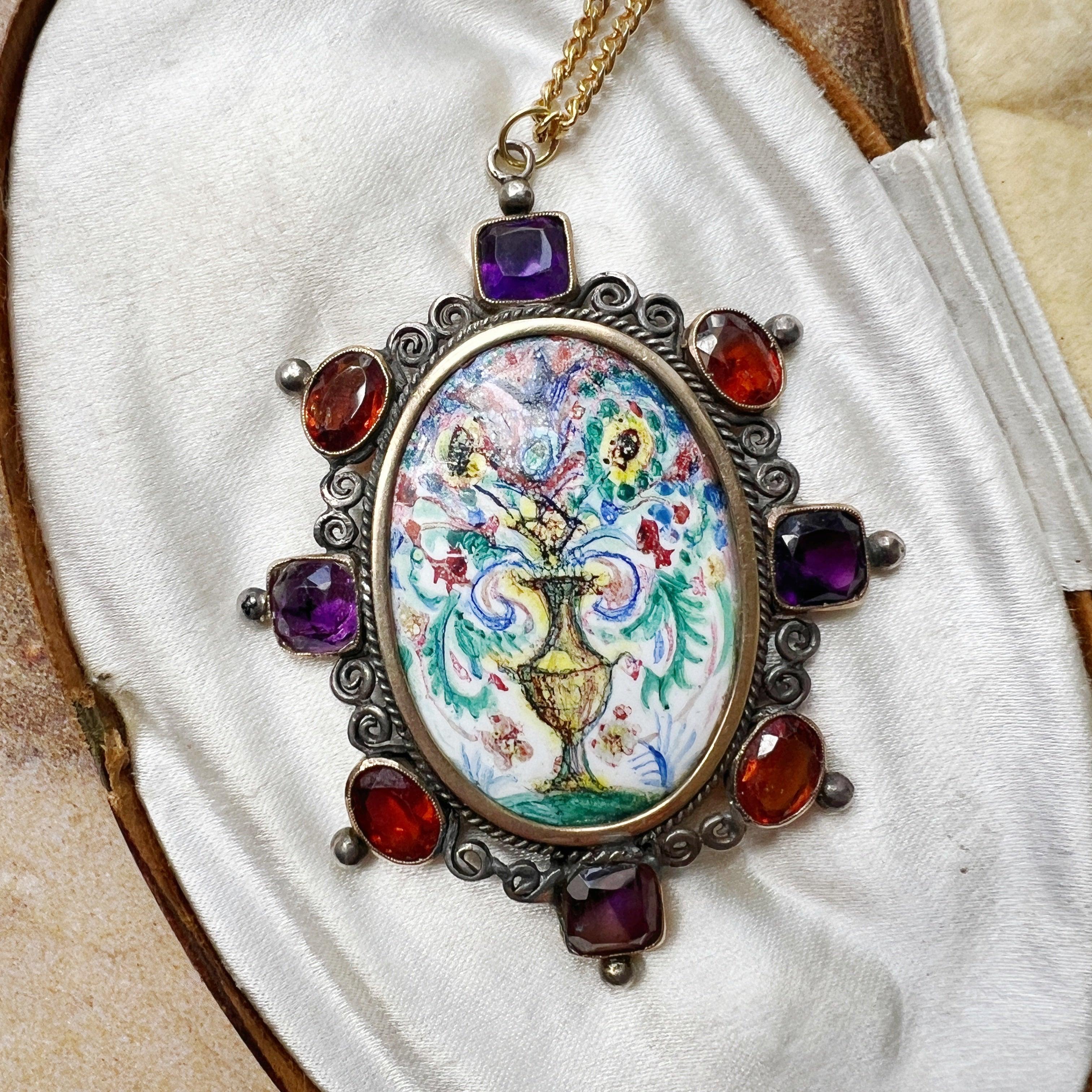 Victorian era amethyst and citrine enamel flower pendant - Curiously timeless