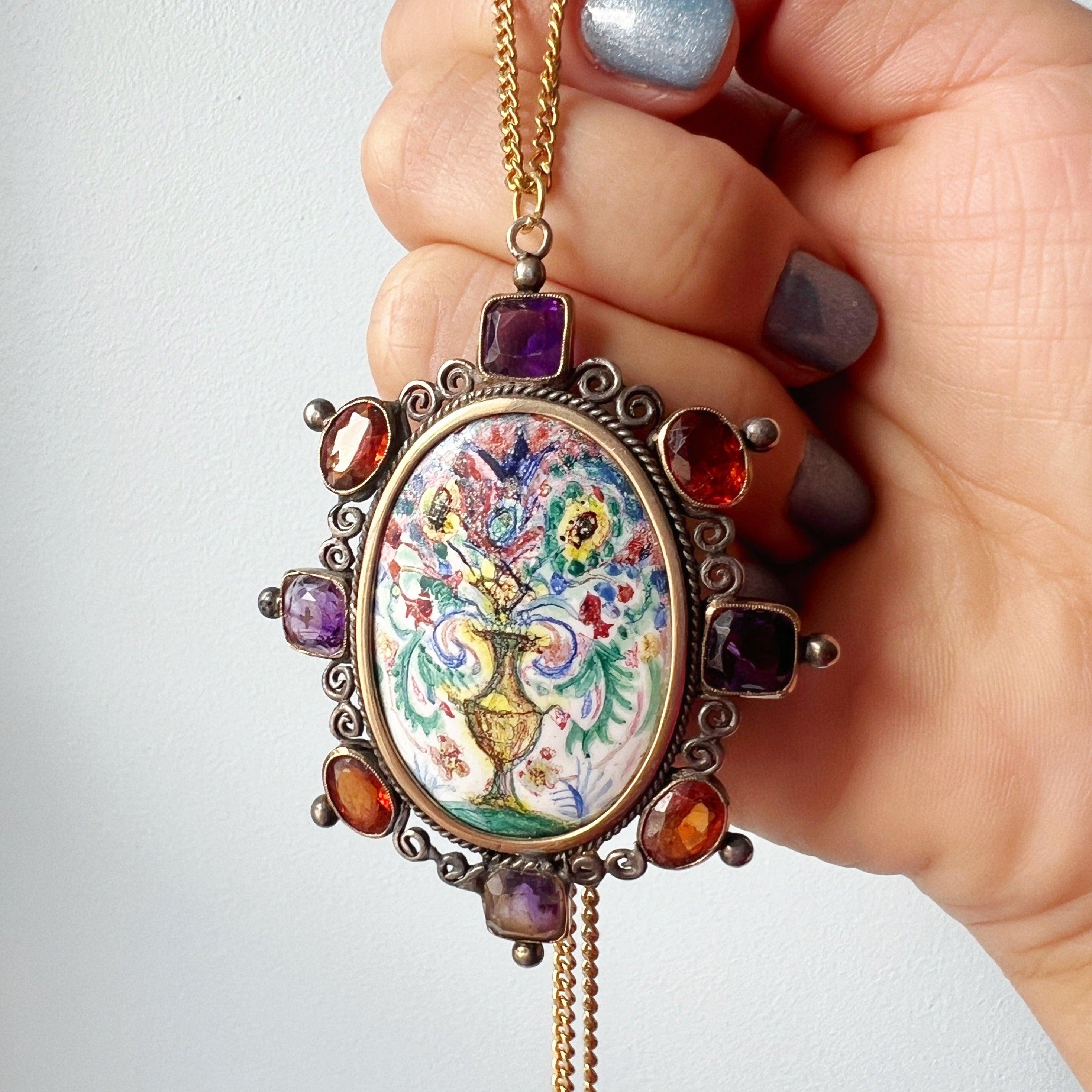 Victorian era amethyst and citrine enamel flower pendant - Curiously timeless