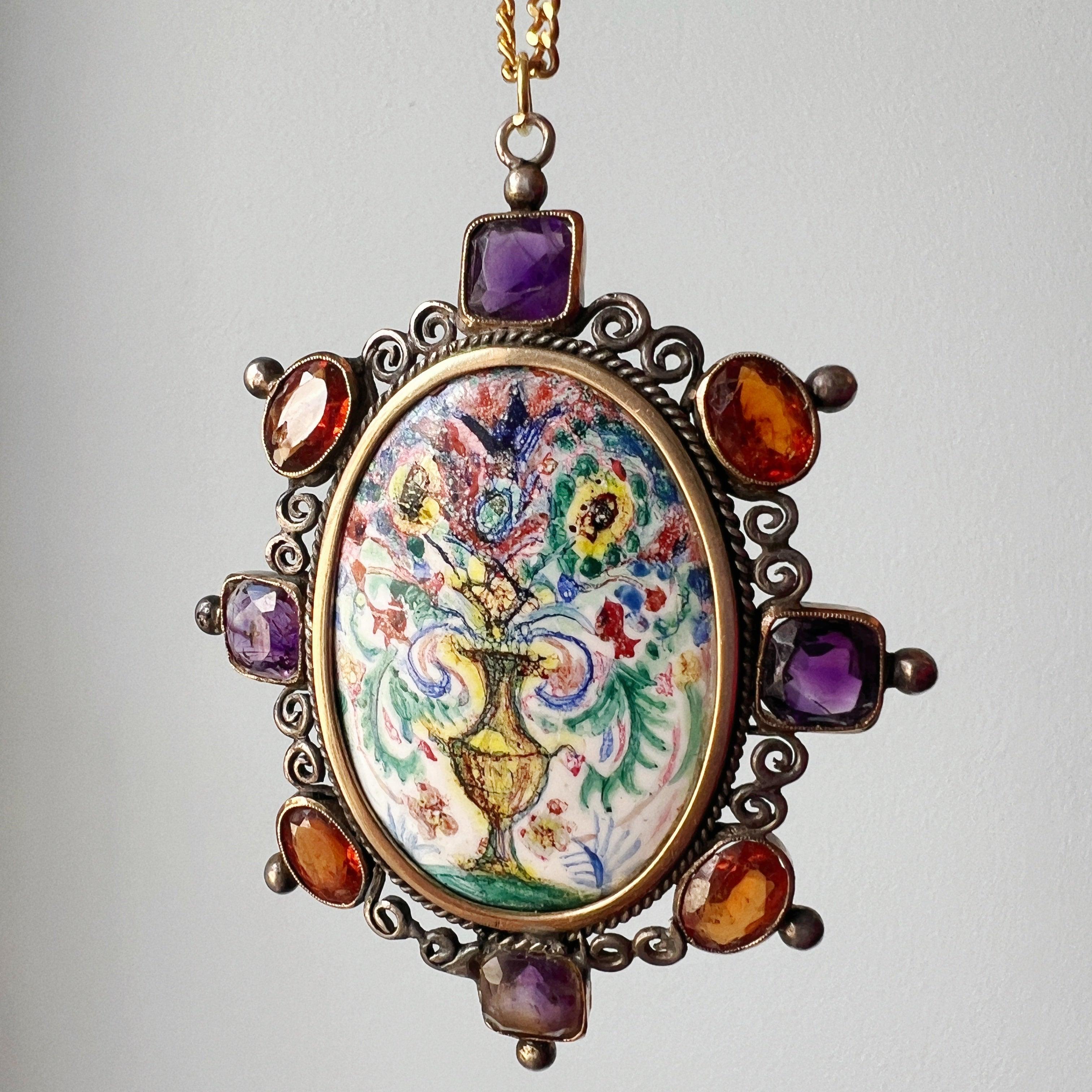 Victorian era amethyst and citrine enamel flower pendant - Curiously timeless