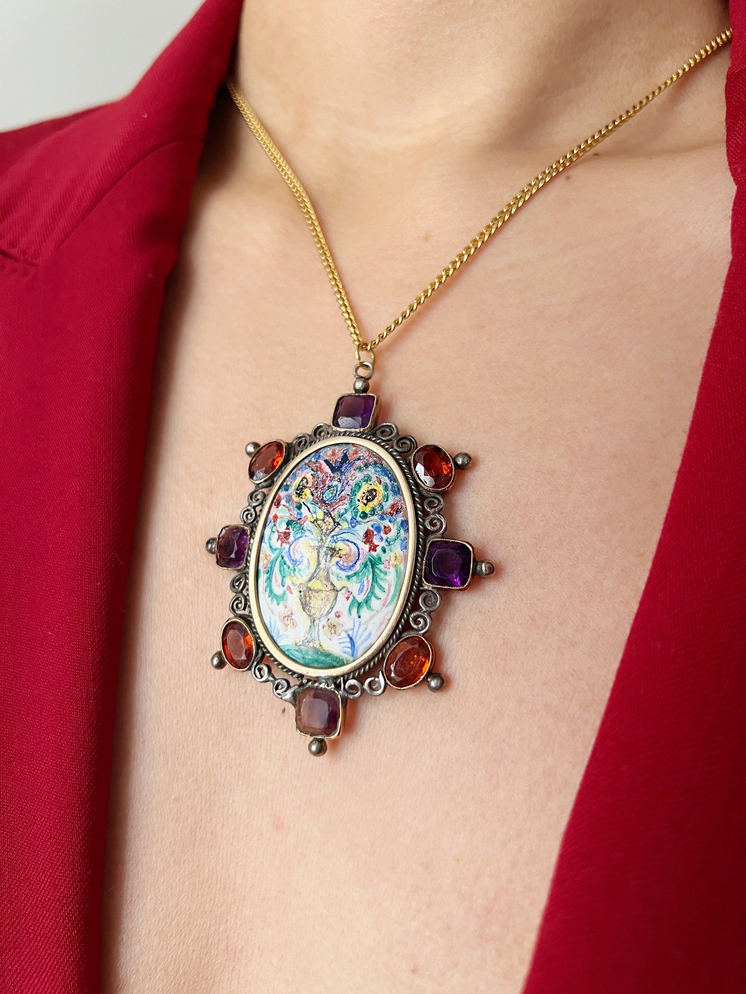 Victorian era amethyst and citrine enamel flower pendant - Curiously timeless