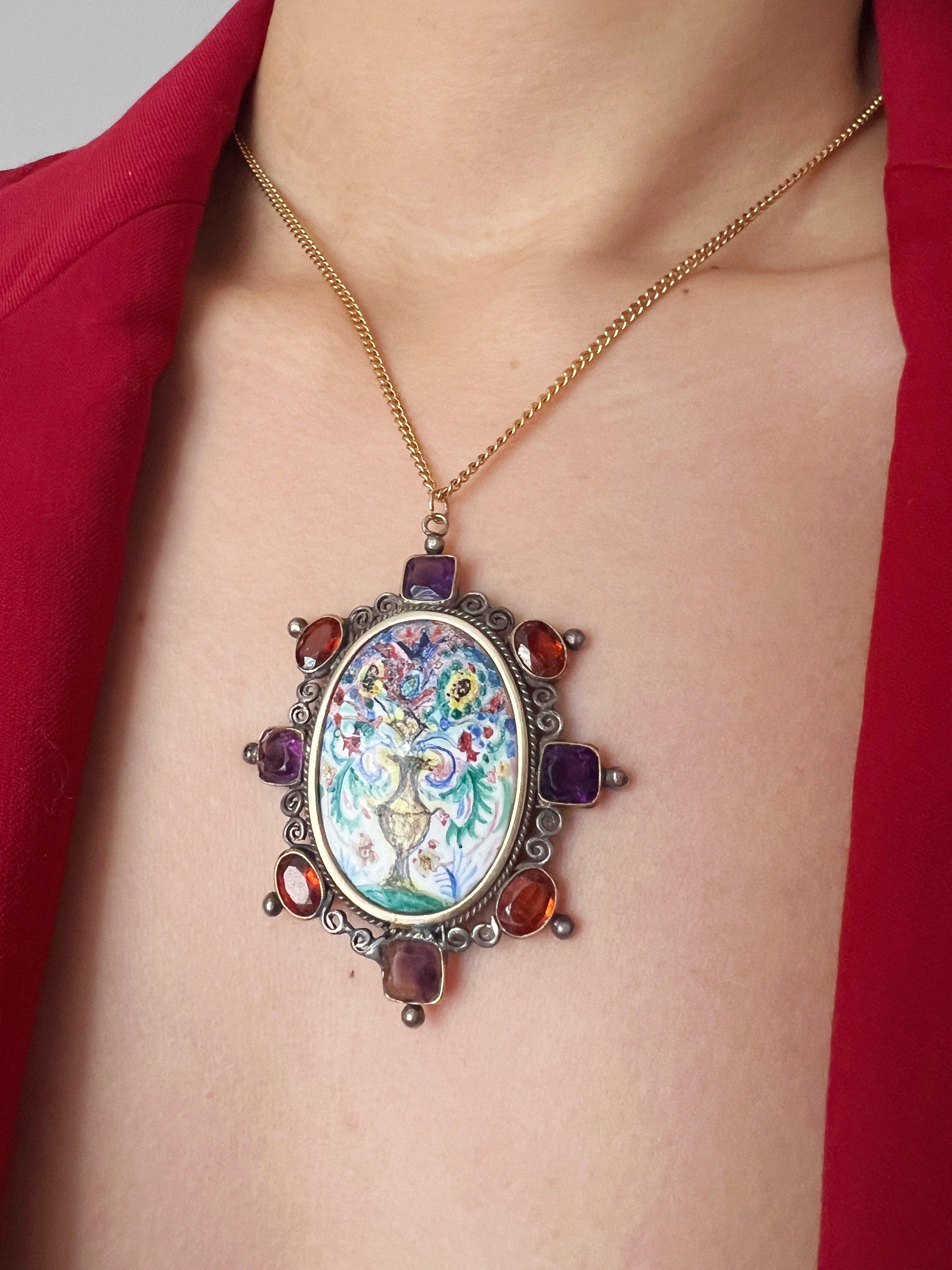 Victorian era amethyst and citrine enamel flower pendant - Curiously timeless