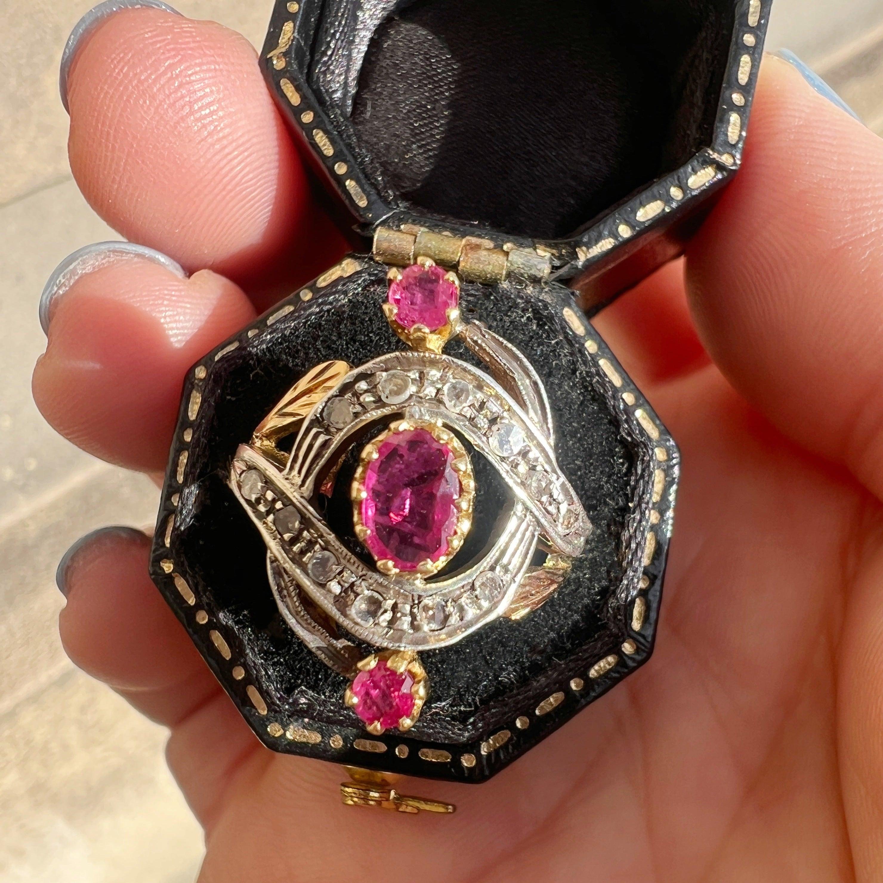 Victorian era 18K gold pink sapphire diamond ring - Curiously timeless